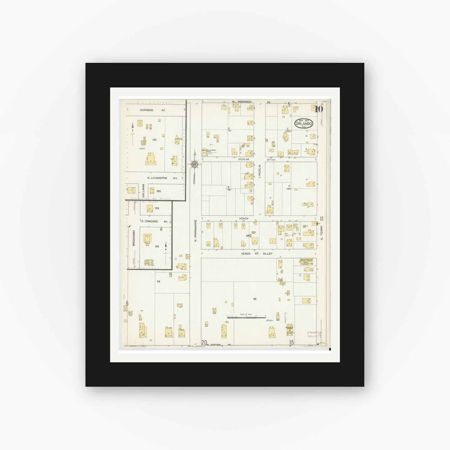 Old map wall art mockup — black gallery frame with white mat — Sanborn Fire Insurance Map from Orlando, Orange County, Florida (1913), Sheet #0010