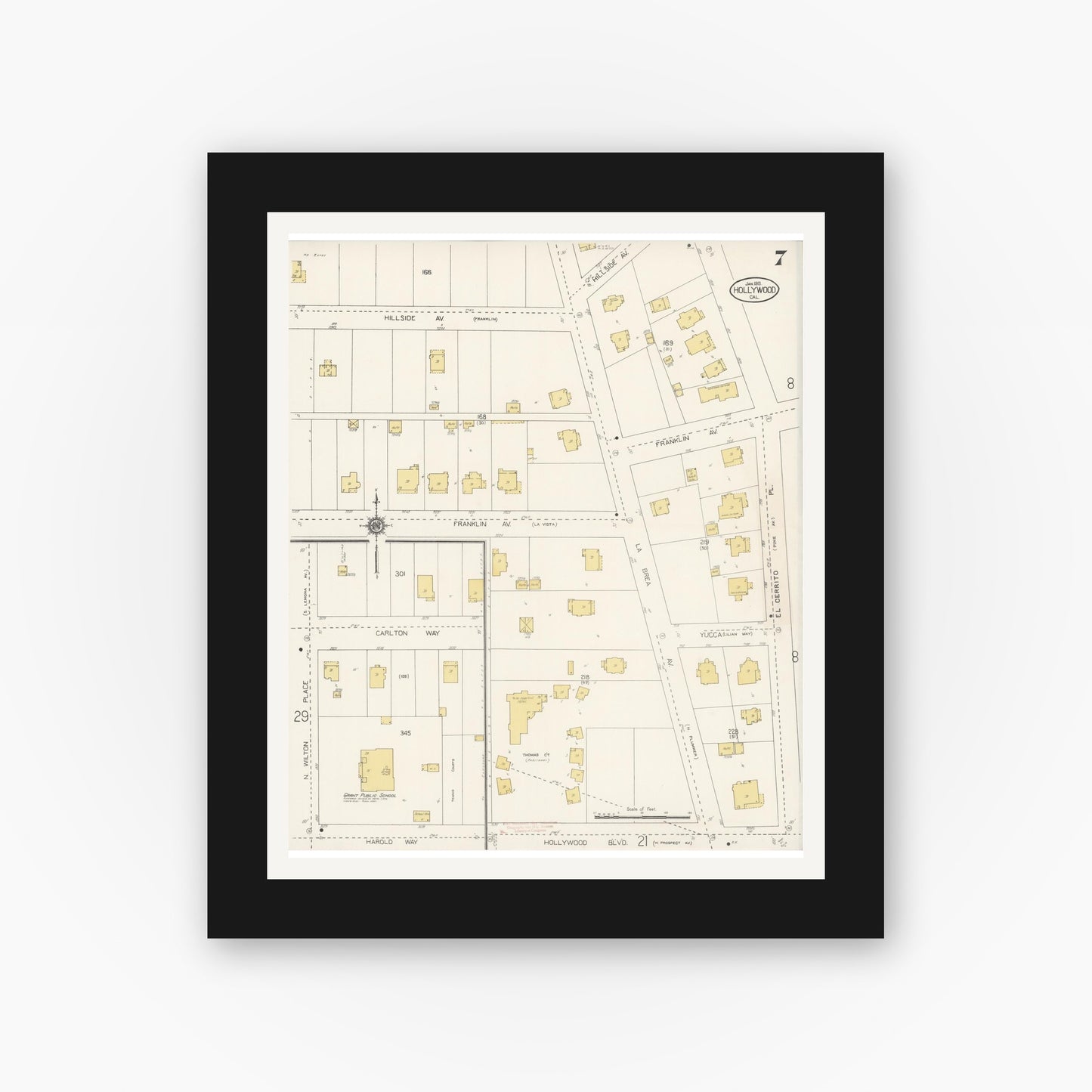 Old map wall art mockup — black gallery frame with white mat — Sanborn Fire Insurance Map from Hollywood, Los Angeles County, California (1913), Sheet #0007