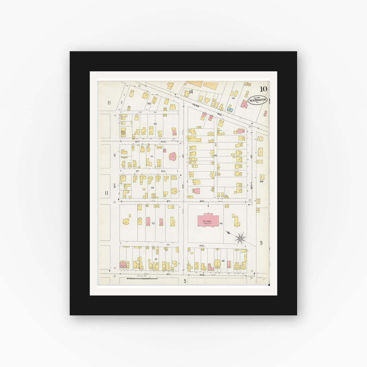 Old map wall art mockup β black gallery frame with white mat β Sanborn Fire Insurance Map from New Brighton, Beaver County, Pennsylvania (1901), Sheet #0010