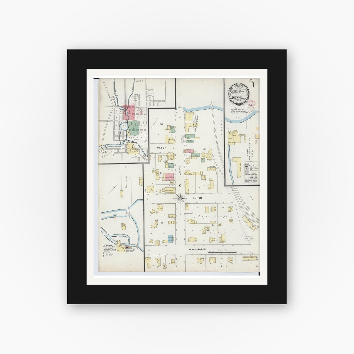 Old map wall art mockup — black gallery frame with white mat — Sanborn Fire Insurance Map from Milford, Oakland County, Michigan (1895) - Complete Map Set