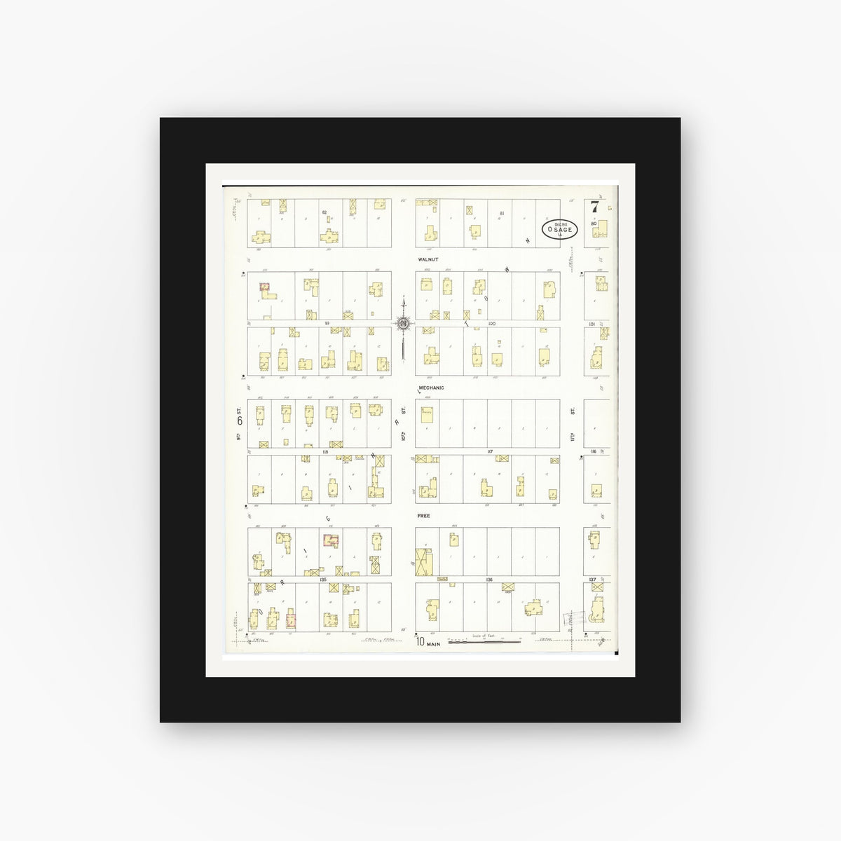 Old map wall art mockup — black gallery frame with white mat — Sanborn Fire Insurance Map from Osage, Mitchell County, Iowa (1911), Sheet #0007