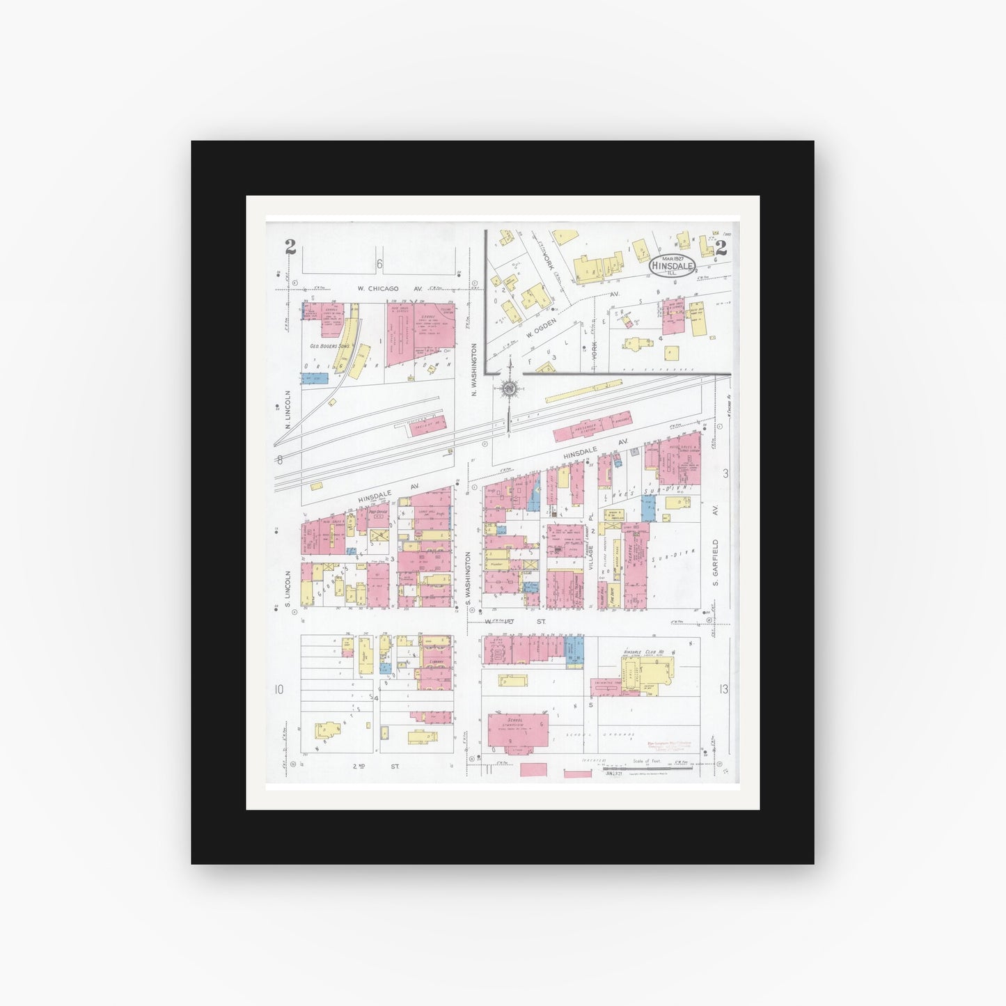 Old map wall art mockup — black gallery frame with white mat — Sanborn Fire Insurance Map from Hinsdale, Du Page And Cook Counties, Illinois (1927), Sheet #0002
