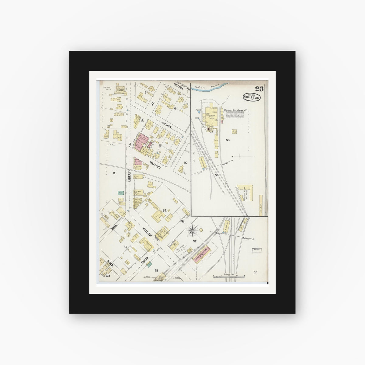 Old map wall art mockup — black gallery frame with white mat — Sanborn Fire Insurance Map from Houston, Harris County, Texas (1890), Sheet #0023