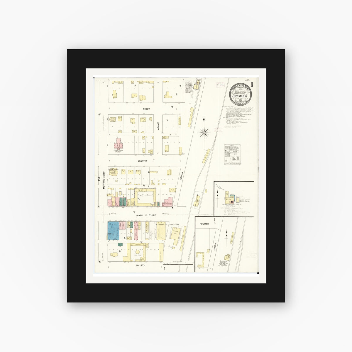 Old map wall art mockup — black gallery frame with white mat — Sanborn Fire Insurance Map from Griswold, Cass County, Iowa (1909), Sheet #0001
