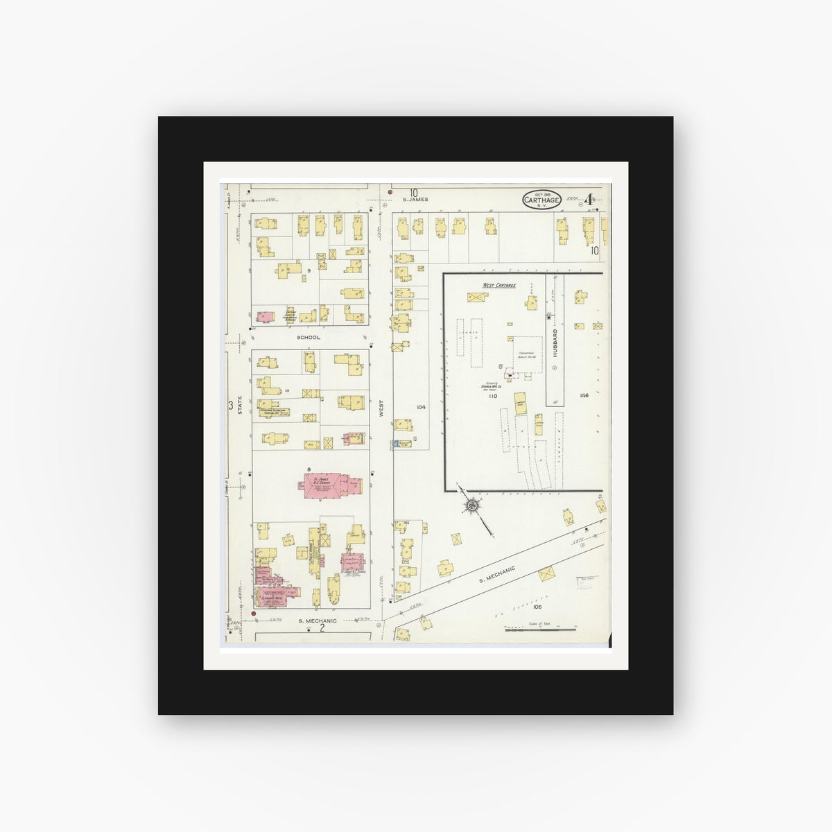 Old map wall art mockup — black gallery frame with white mat — Sanborn Fire Insurance Map from Carthage, Jefferson County, New York (1915), Sheet #0004