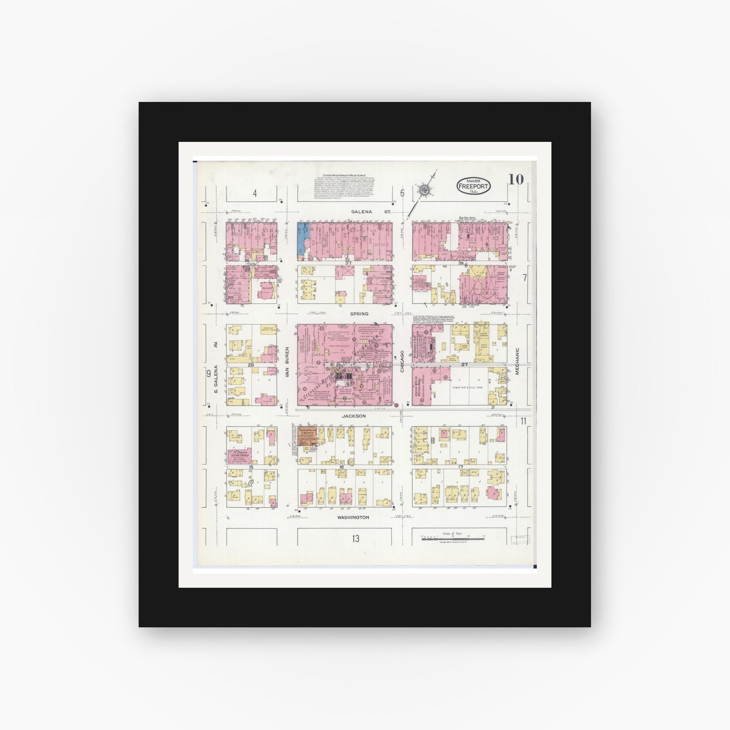 Old map wall art mockup — black gallery frame with white mat — Sanborn Fire Insurance Map from Freeport, Stephenson County, Illinois (1918), Sheet #0010