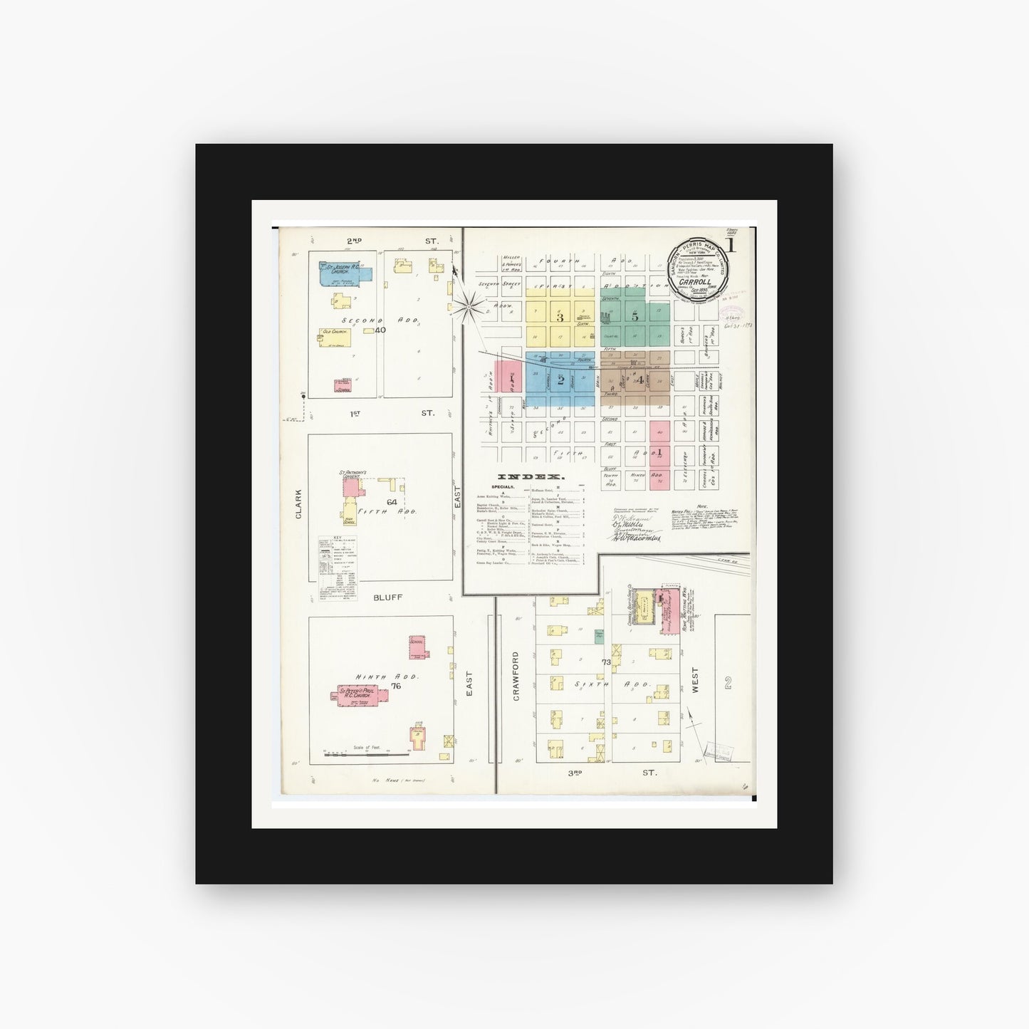 Old map wall art mockup — black gallery frame with white mat — Sanborn Fire Insurance Map from Carroll, Carroll County, Iowa (1893) — Complete Set