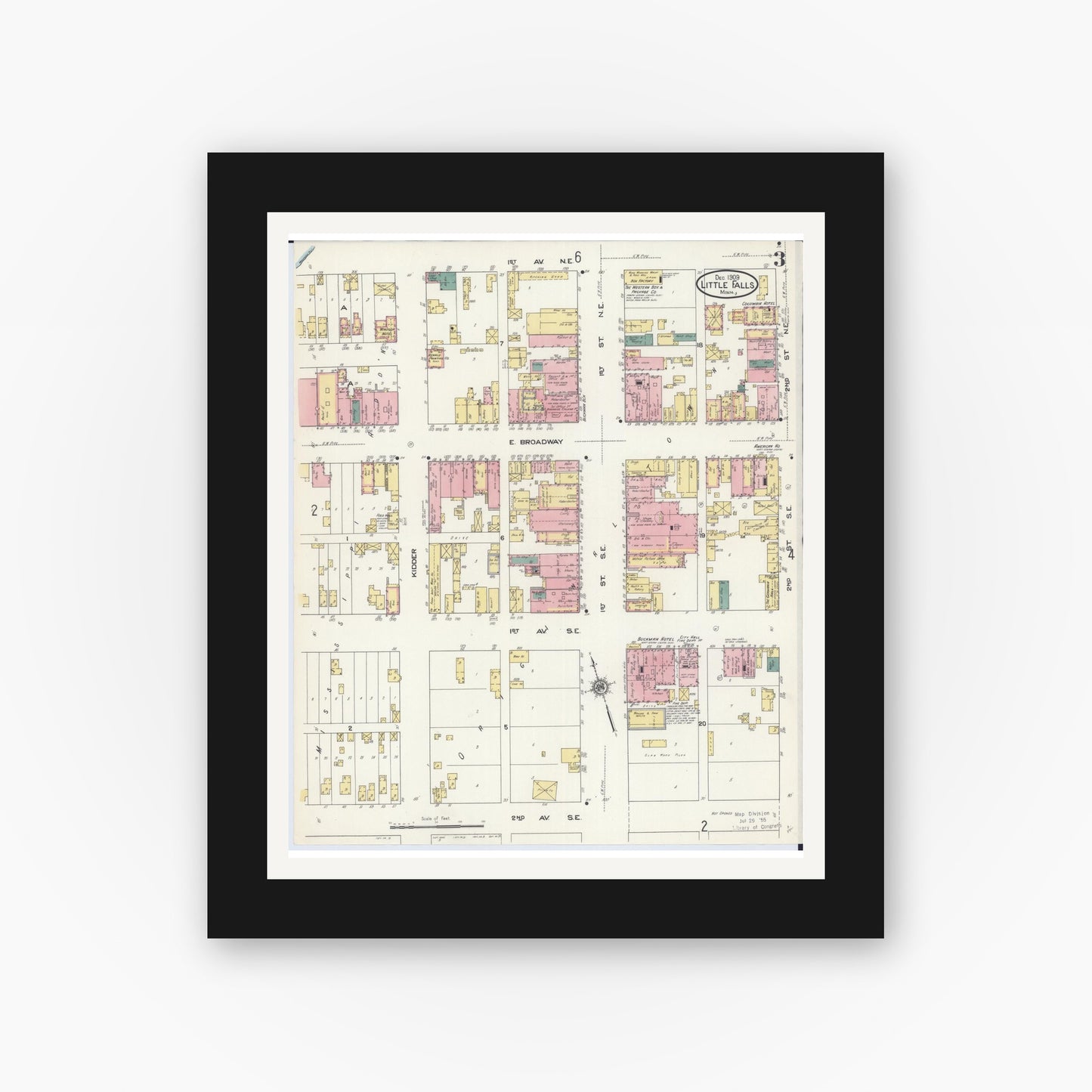 Old map wall art mockup — black gallery frame with white mat — Sanborn Fire Insurance Map from Little Falls, Morrison County, Minnesota (1909), Sheet #0003