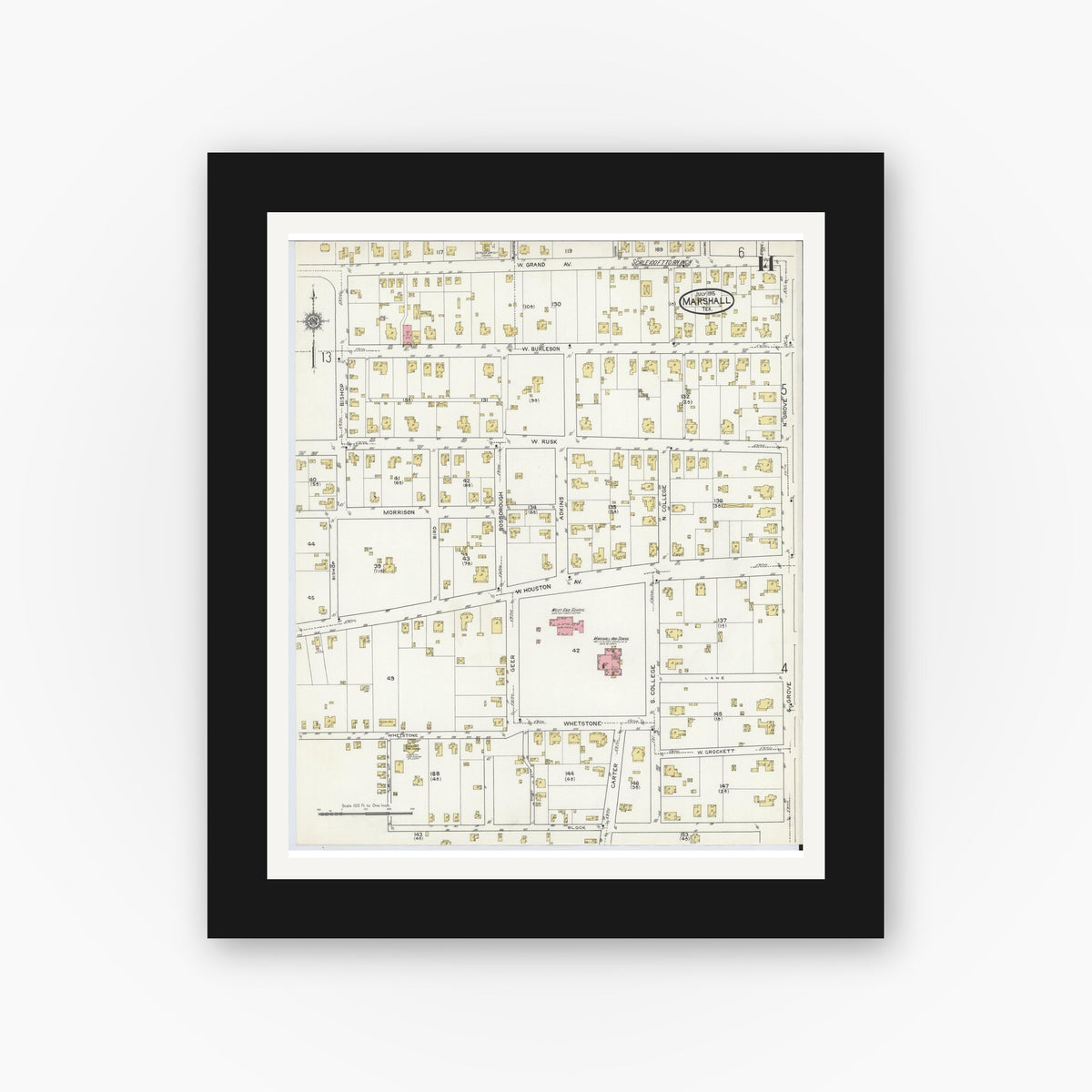 Old map wall art mockup — black gallery frame with white mat — Sanborn Fire Insurance Map from Marshall, Harrison County, Texas (1915), Sheet #0014