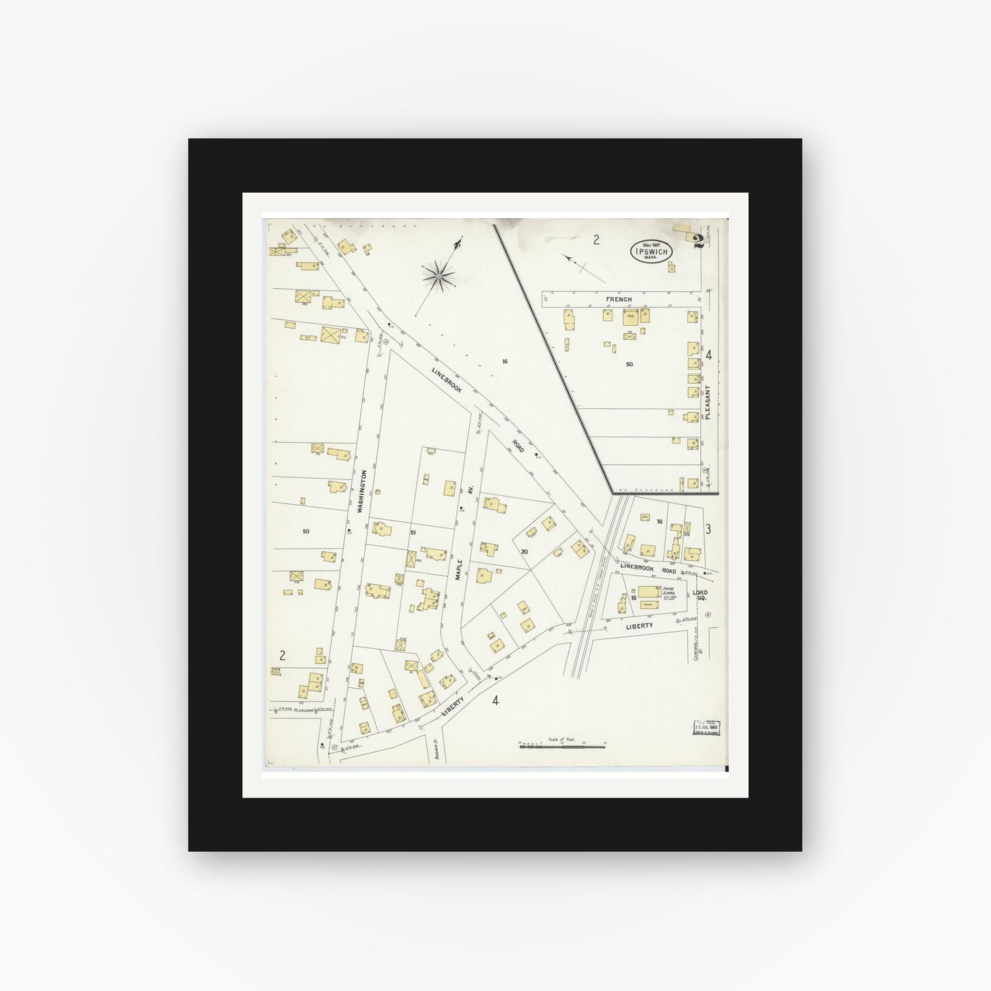 Old map wall art mockup — black gallery frame with white mat — Sanborn Fire Insurance Map from Ipswich, Essex County, Massachusetts (1907), Sheet #0002