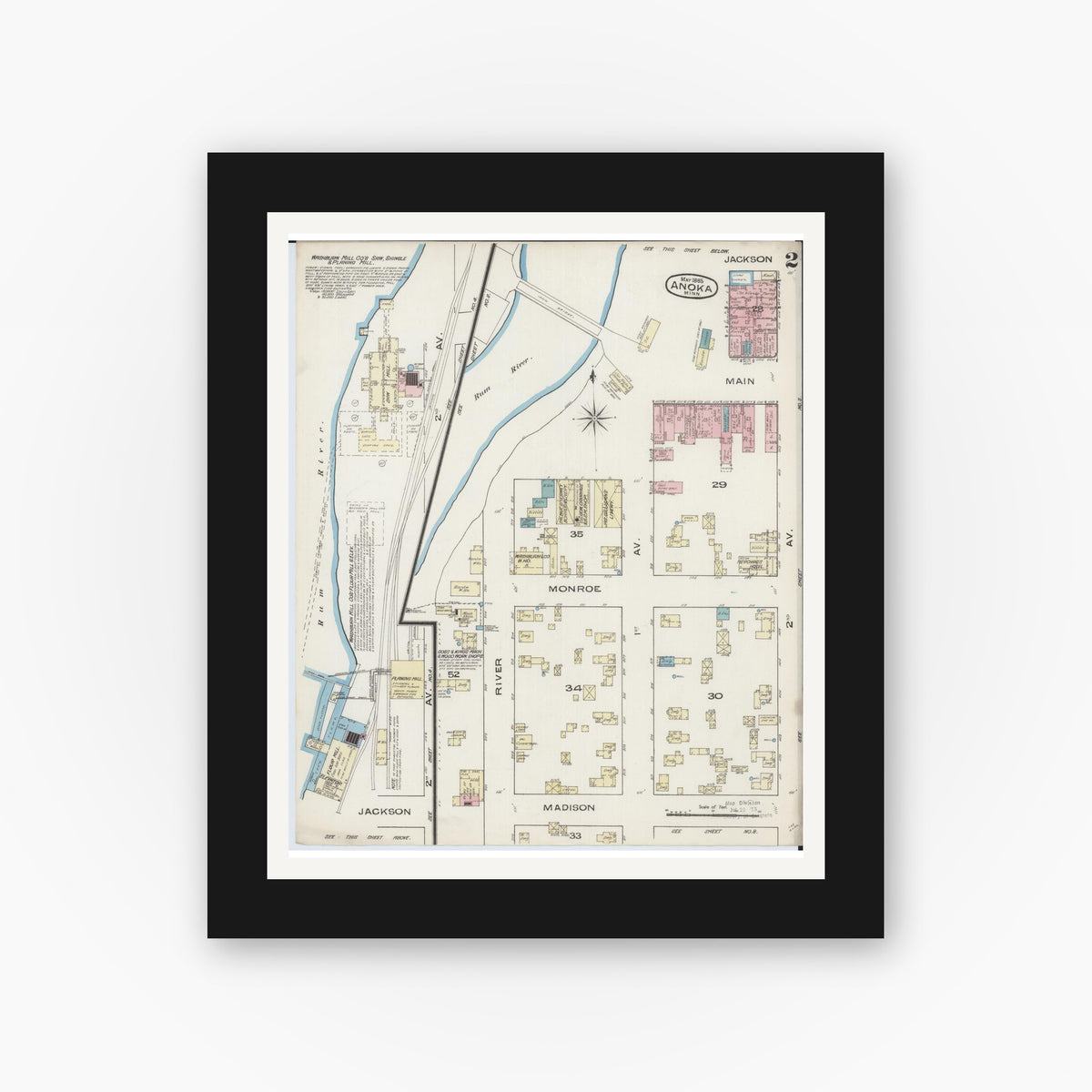 Old map wall art mockup — black gallery frame with white mat — Sanborn Fire Insurance Map from Anoka, Anoka County, Minnesota (1885), Sheet #0002