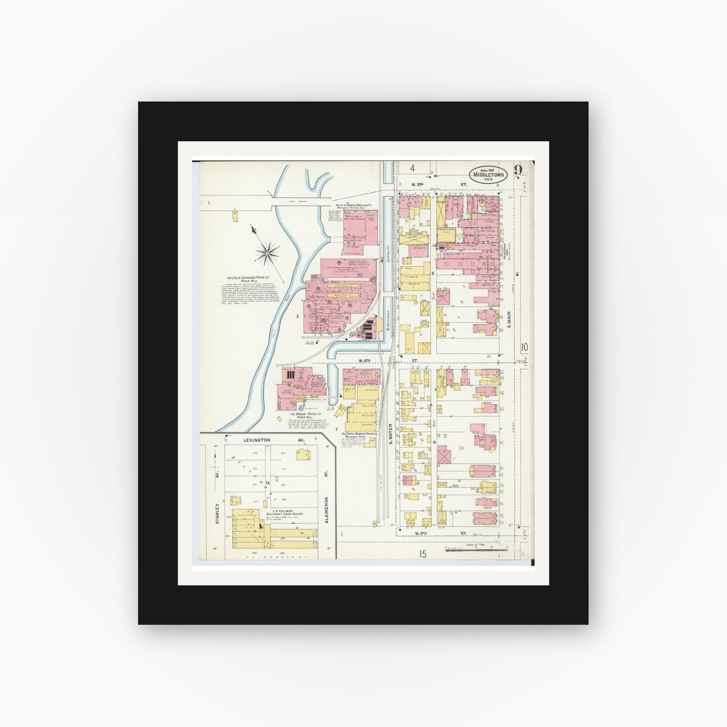 Old map wall art mockup — black gallery frame with white mat — Sanborn Fire Insurance Map from Middletown, Butler County, Ohio (1907), Sheet #0009
