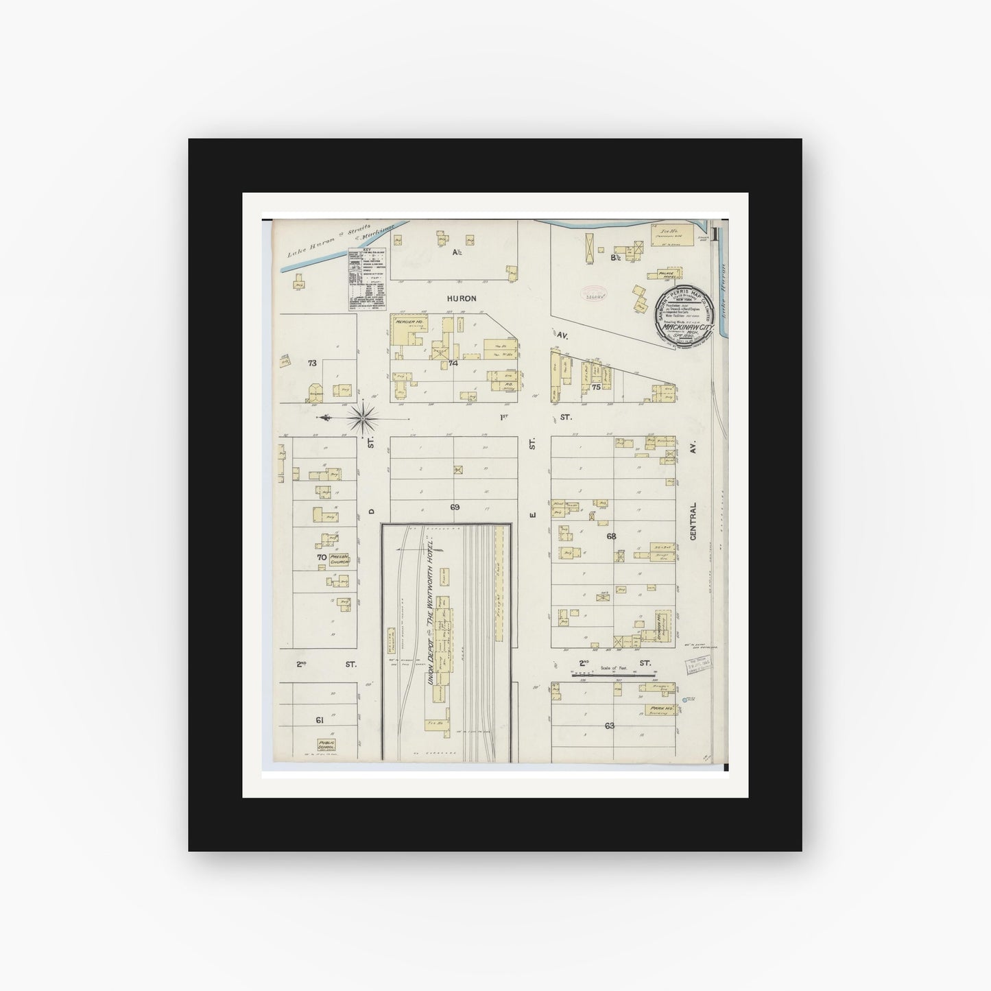 Old map wall art mockup — black gallery frame with white mat — Sanborn Fire Insurance Map from Mackinaw City, Cheboygan County, Michigan (1890) - Complete Map Set