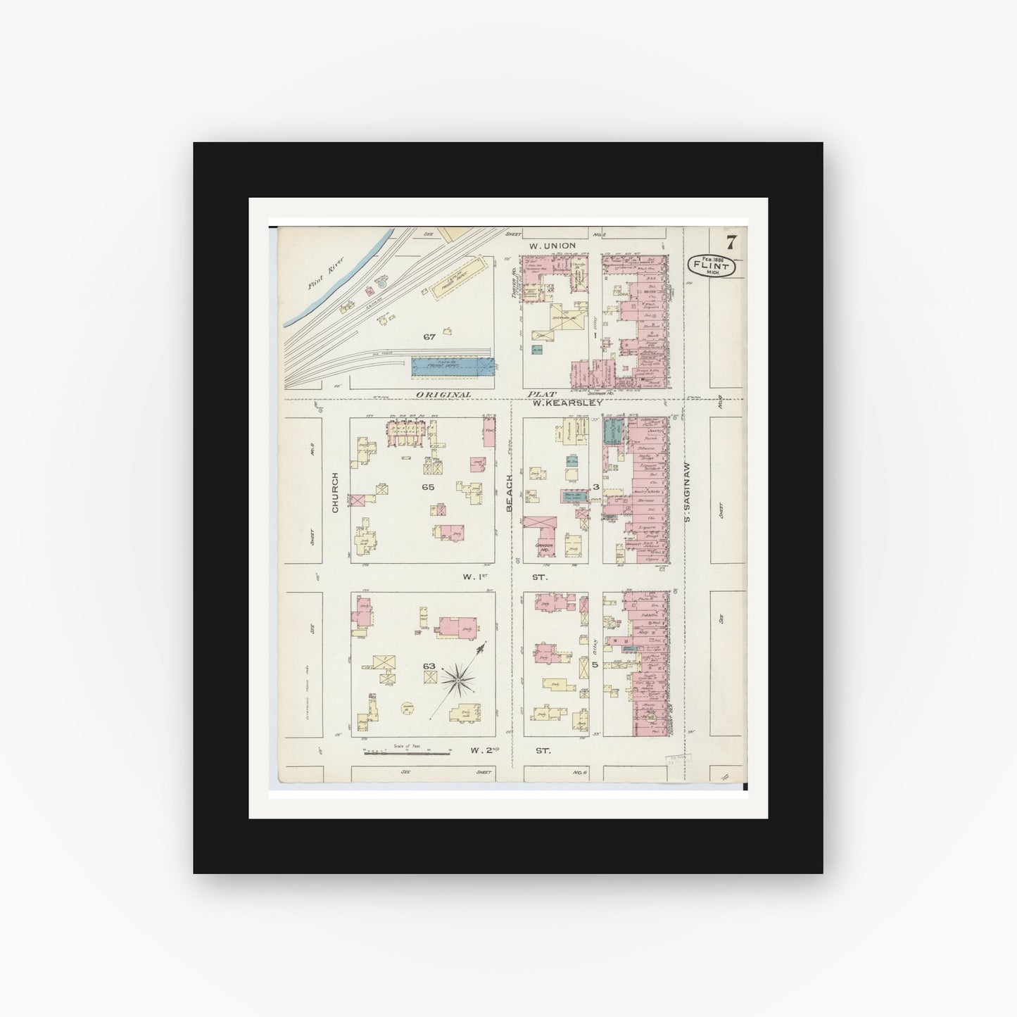 Old map wall art mockup — black gallery frame with white mat — Sanborn Fire Insurance Map from Flint, Genesee County, Michigan (1886), Sheet #0007