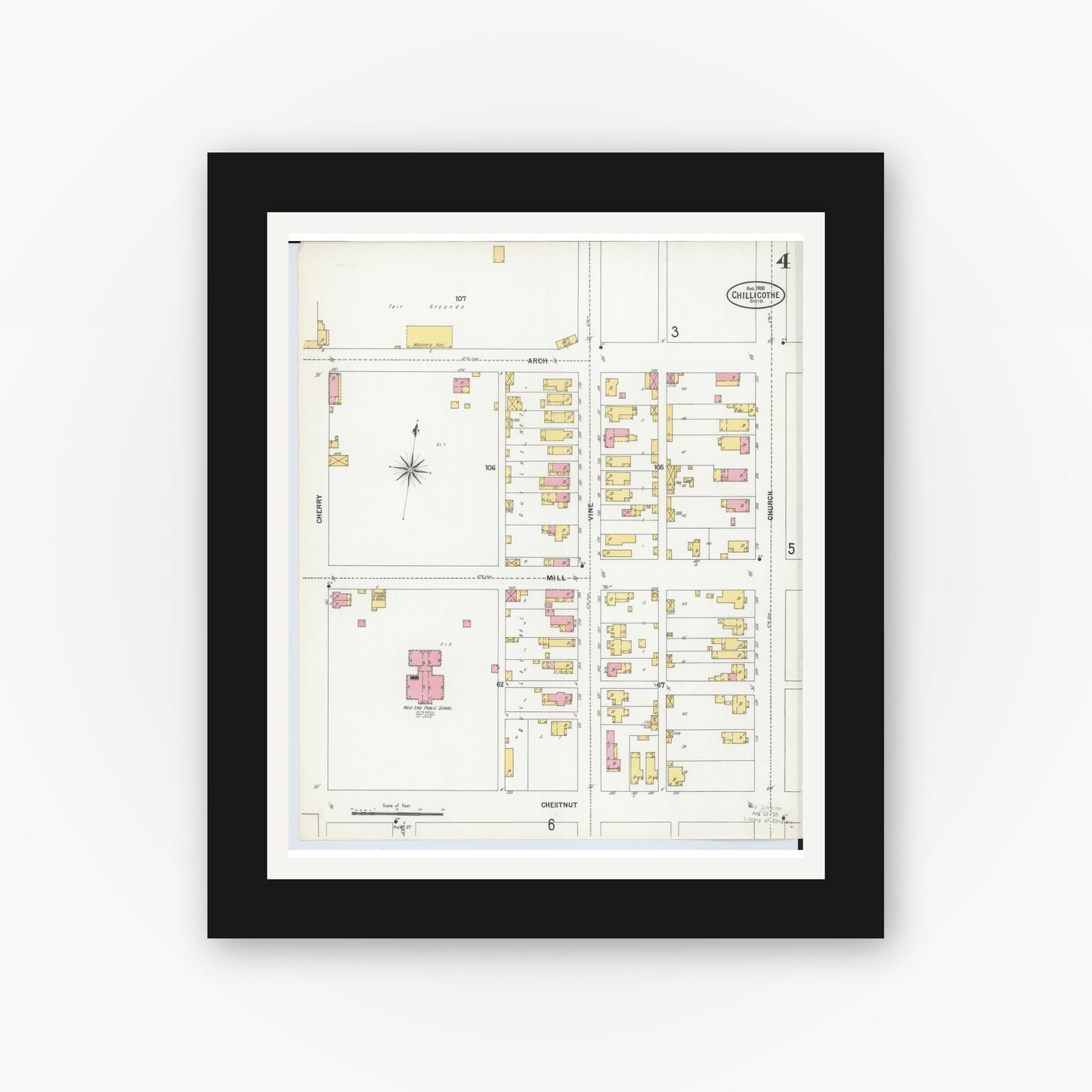 Old map wall art mockup — black gallery frame with white mat — Sanborn Fire Insurance Map from Chillicothe, Ross County, Ohio (1900), Sheet #0004