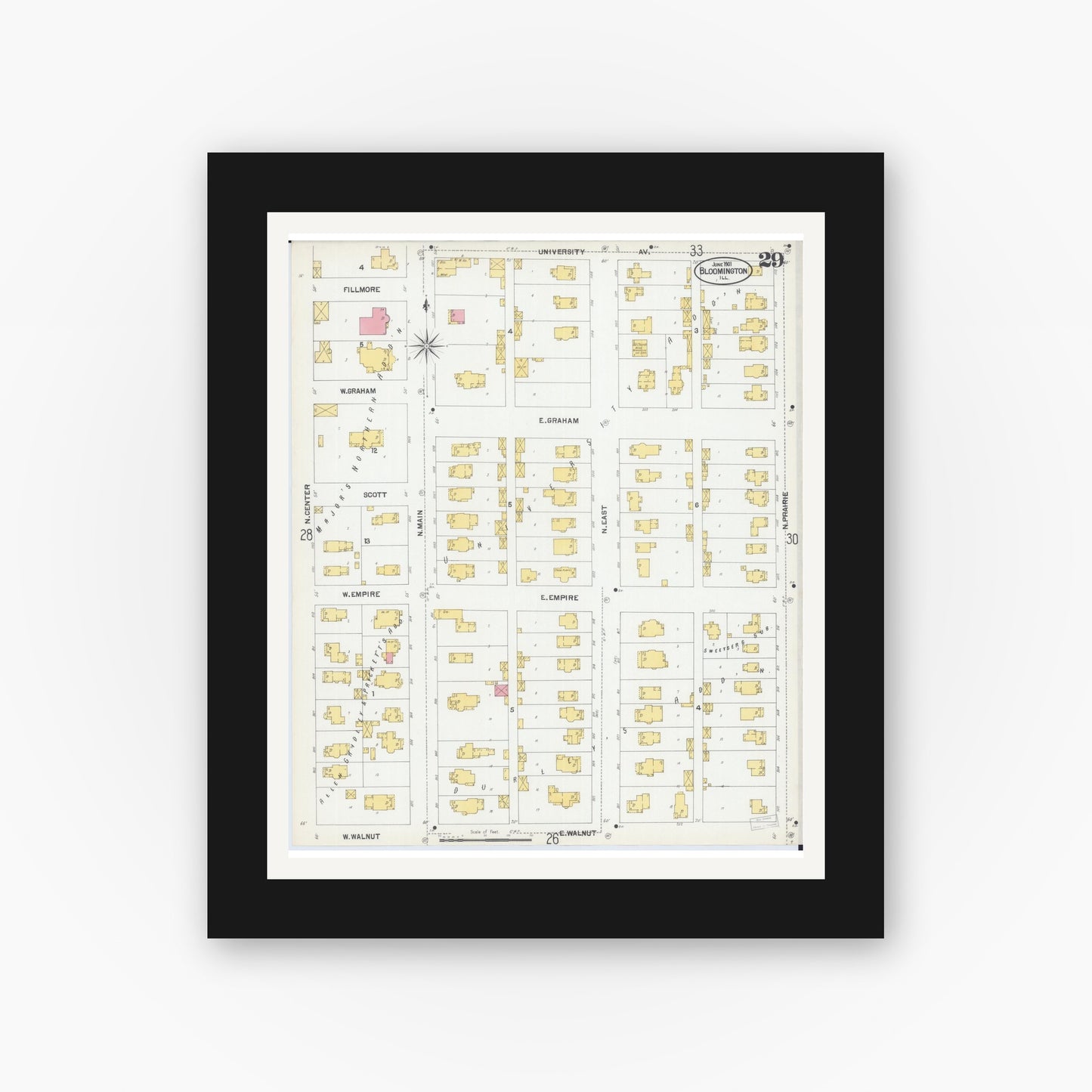 Old map wall art mockup — black gallery frame with white mat — Sanborn Fire Insurance Map from Bloomington, McLean County, Illinois (1901), Sheet #0029