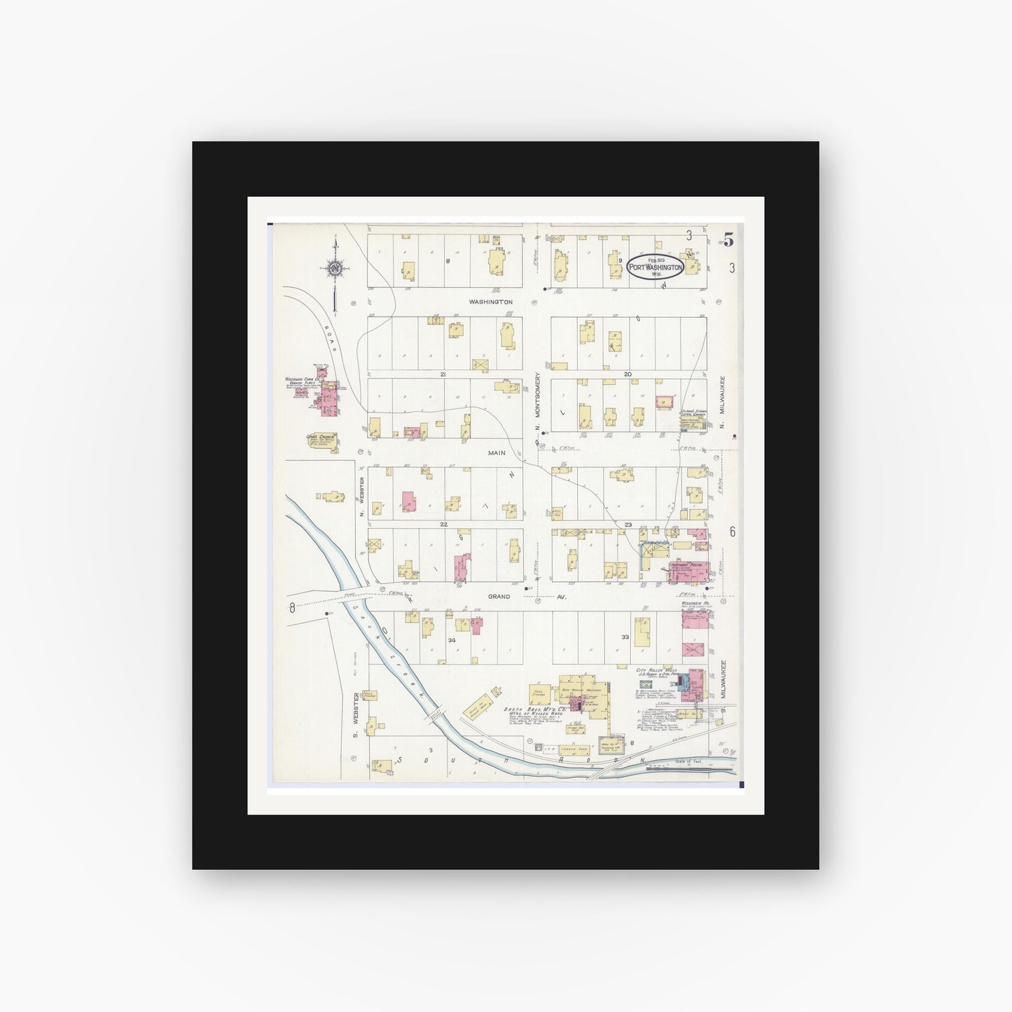 Old map wall art mockup — black gallery frame with white mat — Sanborn Fire Insurance Map from Port Washington, Ozaukee County, Wisconsin (1913), Sheet #0005