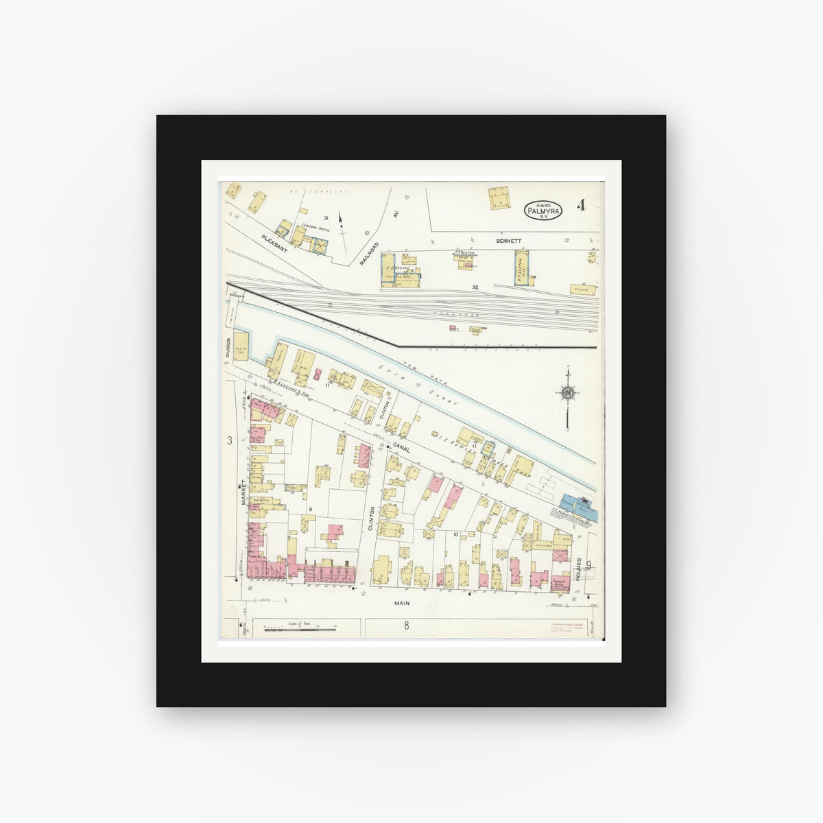 Old map wall art mockup — black gallery frame with white mat — Sanborn Fire Insurance Map from Palmyra, Wayne County, New York (1912), Sheet #0004