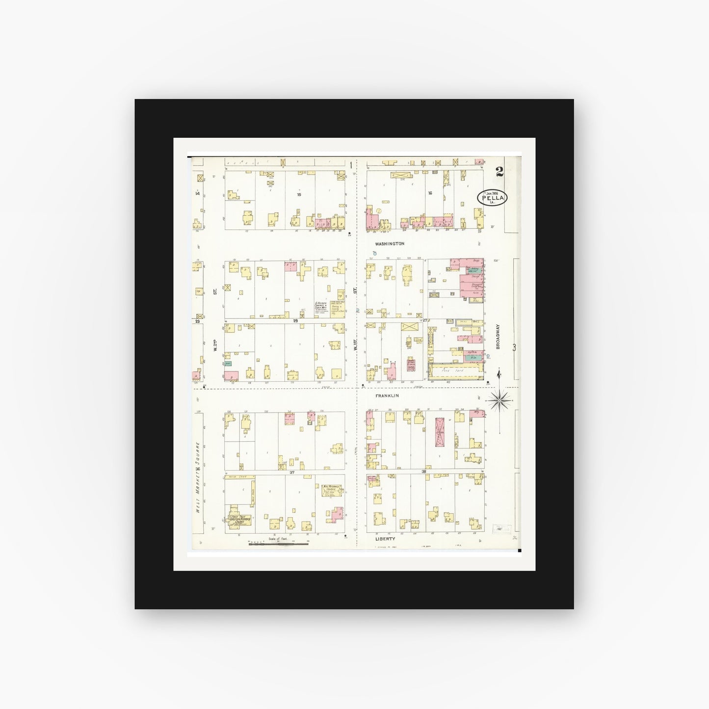Old map wall art mockup β black gallery frame with white mat β Sanborn Fire Insurance Map from Pella, Marion County, Iowa (1906), Sheet #0002