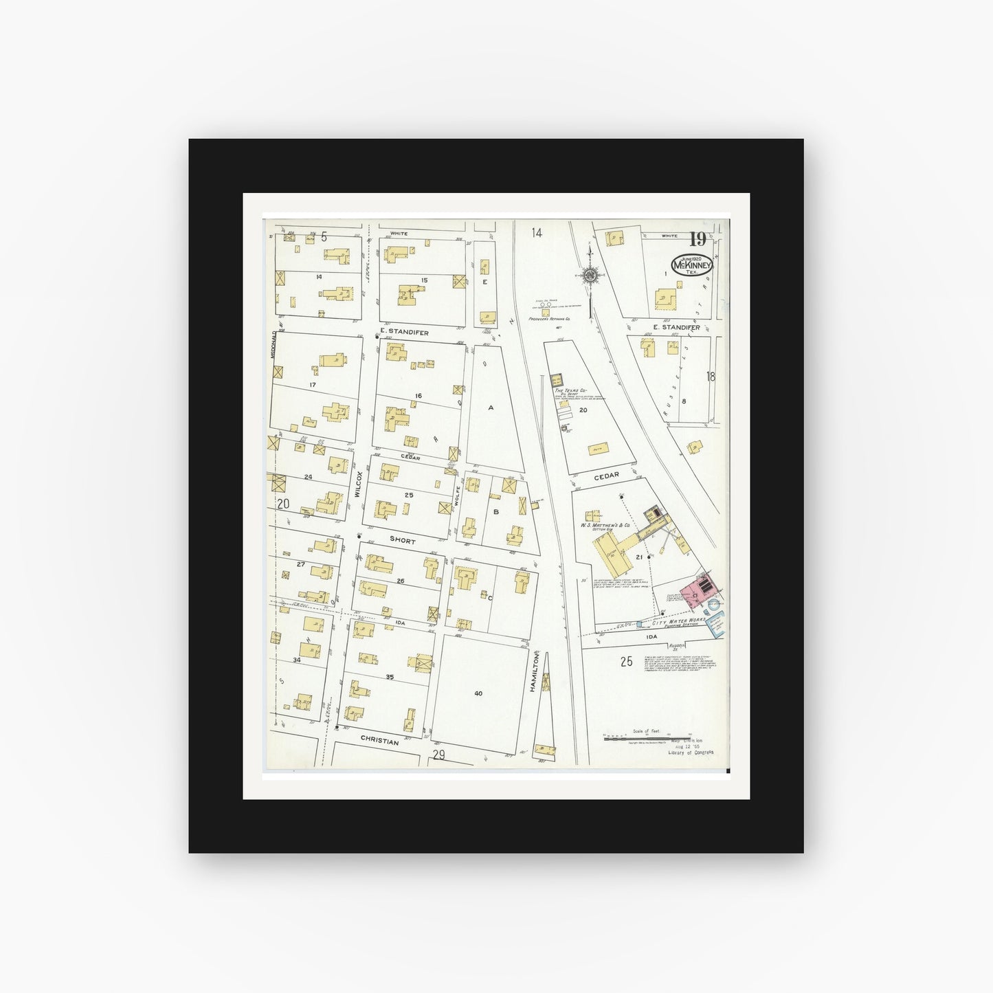 Old map wall art mockup — black gallery frame with white mat — Sanborn Fire Insurance Map from McKinney, Collin County, Texas (1920), Sheet #0019