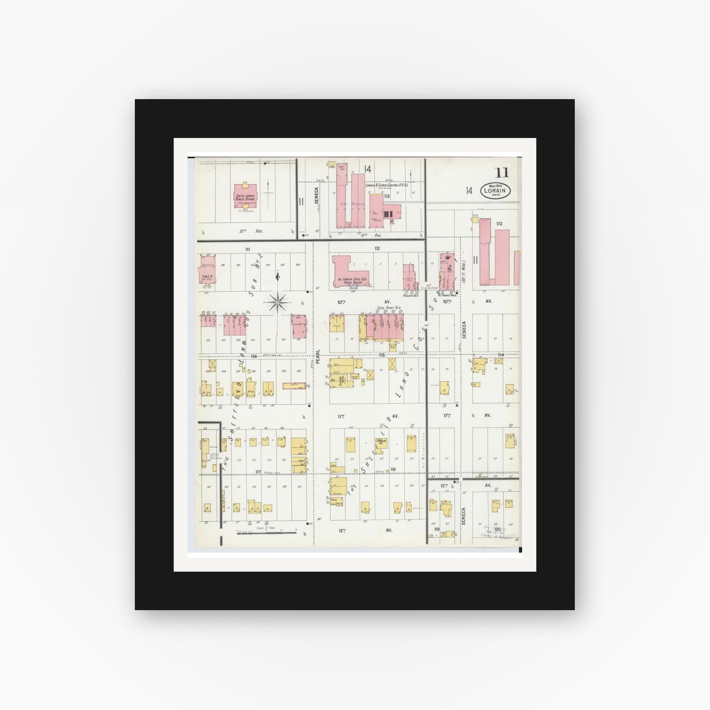 Old map wall art mockup — black gallery frame with white mat — Sanborn Fire Insurance Map from Lorain, Lorain County, Ohio (1900), Sheet #0011
