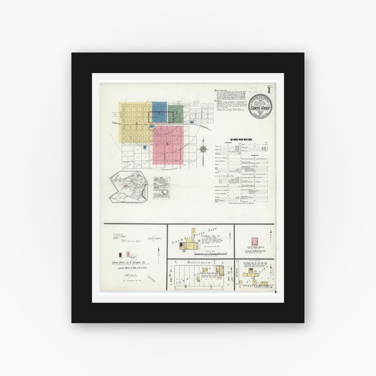Old map wall art mockup — black gallery frame with white mat — Sanborn Fire Insurance Map from Santa Anna, Coleman County, Texas (1921) - Complete Map Set