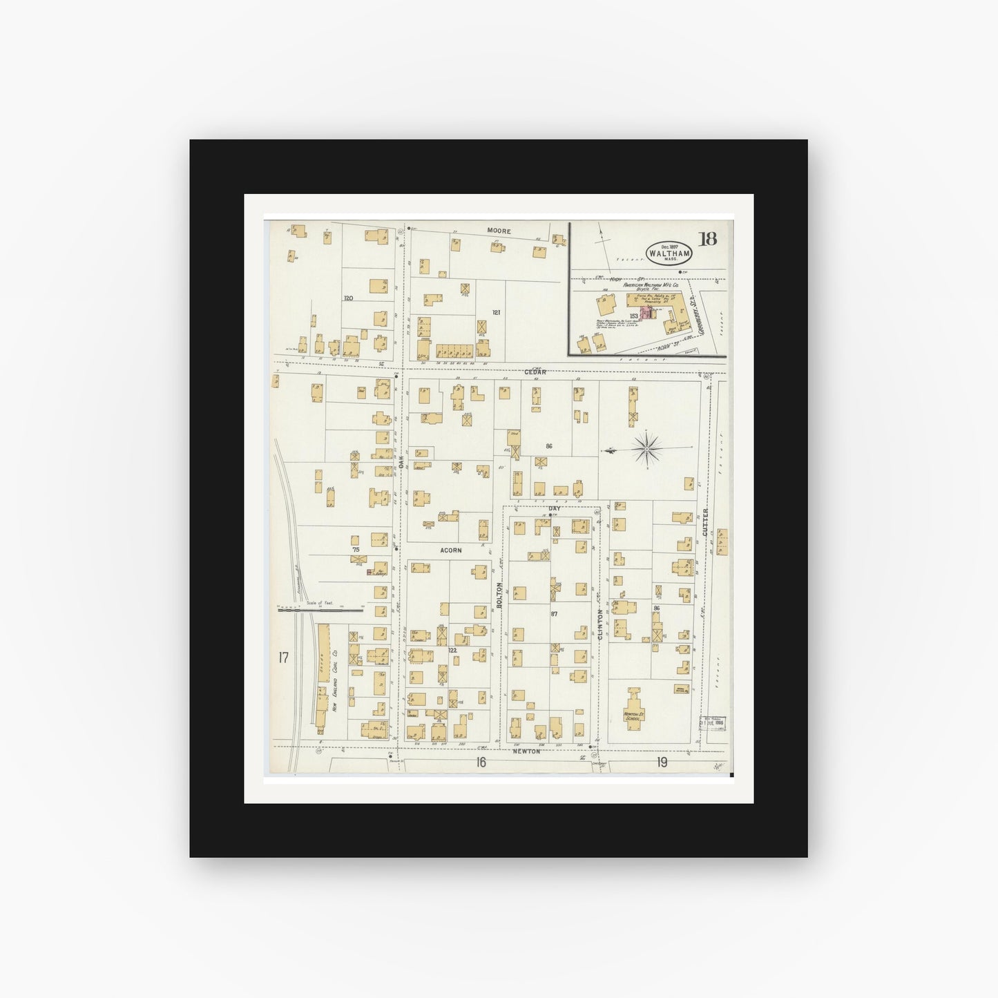 Old map wall art mockup — black gallery frame with white mat — Sanborn Fire Insurance Map from Waltham, Middlesex County, Massachusetts (1897), Sheet #0018