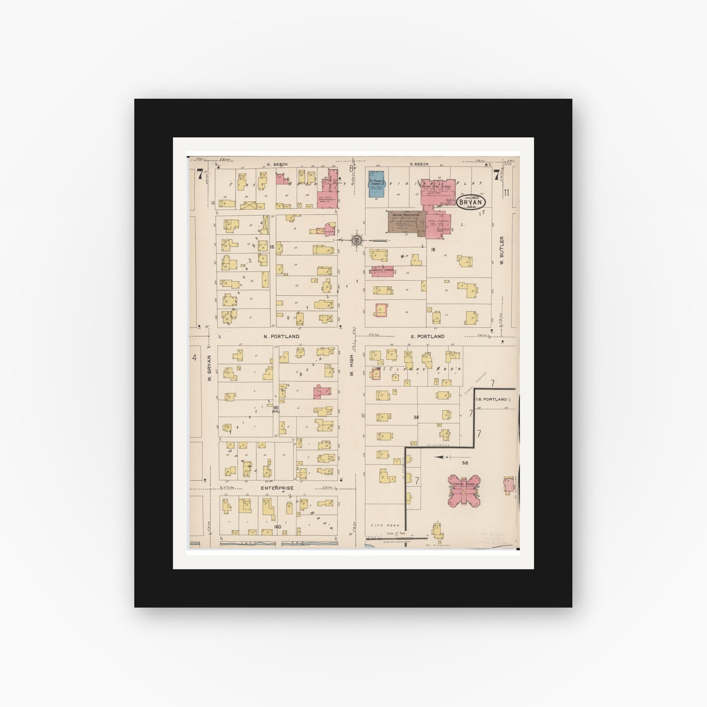 Old map wall art mockup — black gallery frame with white mat — Sanborn Fire Insurance Map from Bryan, Williams County, Ohio (1923), Sheet #0007
