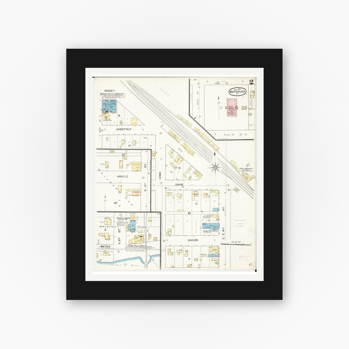 Old map wall art mockup — black gallery frame with white mat — Sanborn Fire Insurance Map from Waterloo, Black Hawk County, Iowa (1892), Sheet #0002