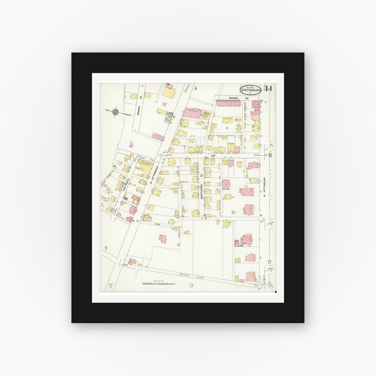 Old map wall art mockup β black gallery frame with white mat β Sanborn Fire Insurance Map from Greensburg, Westmoreland County, Pennsylvania (1909), Sheet #0014