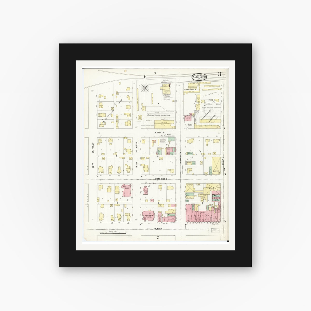 Old map wall art mockup — black gallery frame with white mat — Sanborn Fire Insurance Map from Washington, Washington County, Iowa (1897), Sheet #0003