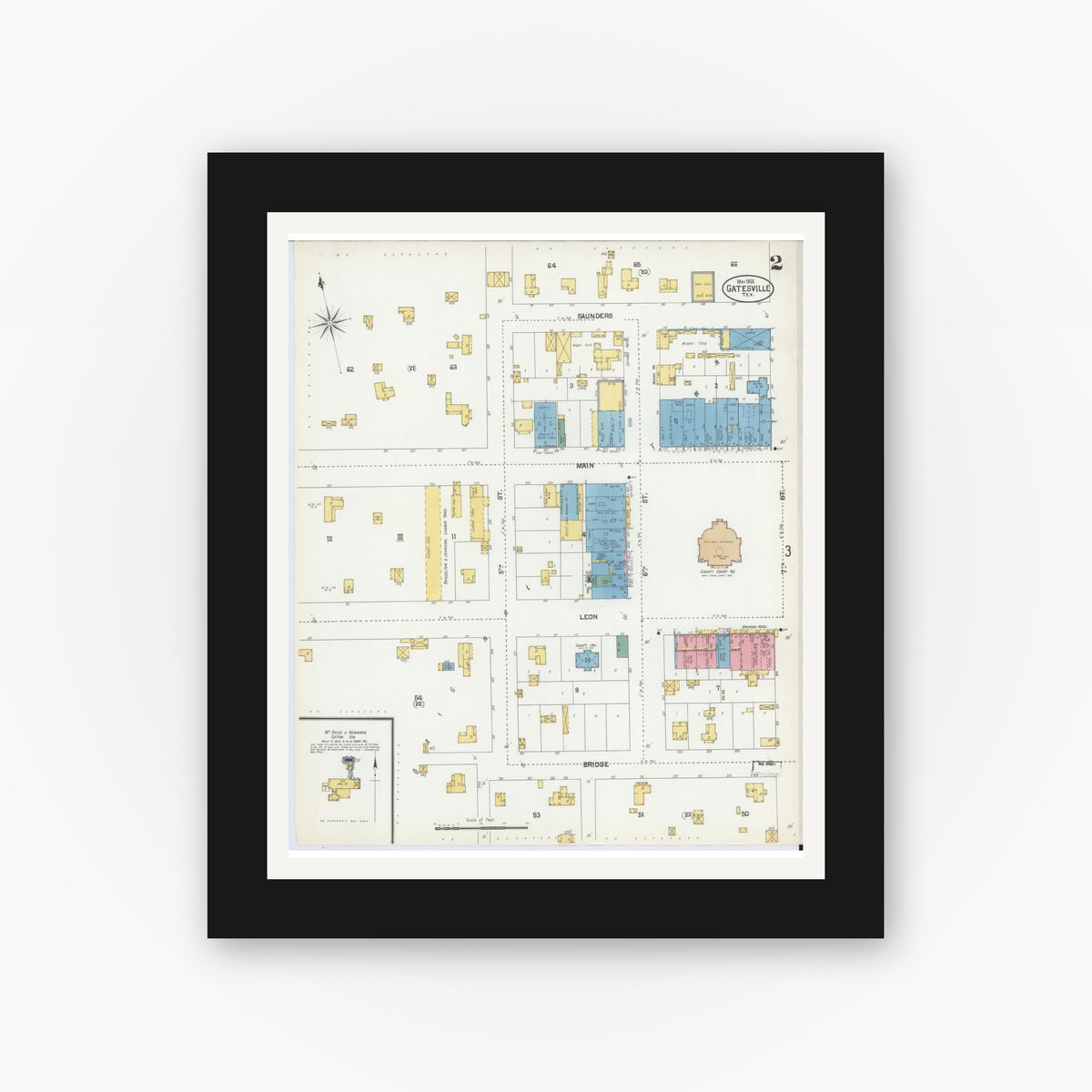 Old map wall art mockup — black gallery frame with white mat — Sanborn Fire Insurance Map from Gatesville, Coryell County, Texas (1902), Sheet #0002