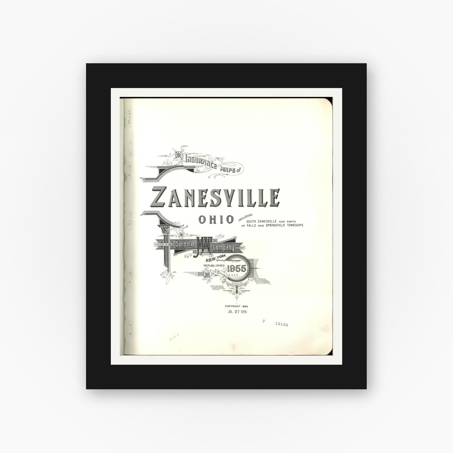 Old map wall art mockup — black gallery frame with white mat — Sanborn Fire Insurance Map from Zanesville, Muskingum County, Ohio (1955), Sheet #0001