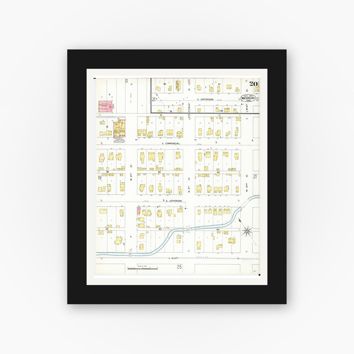 Old map wall art mockup — black gallery frame with white mat — Sanborn Fire Insurance Map from Waterloo, Black Hawk County, Iowa (1900), Sheet #0020