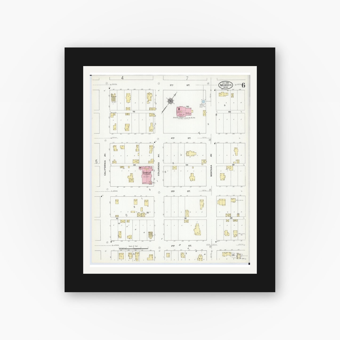 Old map wall art mockup — black gallery frame with white mat — Sanborn Fire Insurance Map from Morris, Stevens County, Minnesota (1909), Sheet #0006