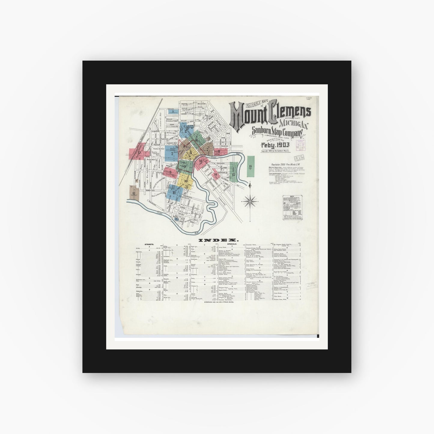 Old map wall art mockup — black gallery frame with white mat — Sanborn Fire Insurance Map from Mount Clemens, Macomb County, Michigan (1903), Sheet #0001
