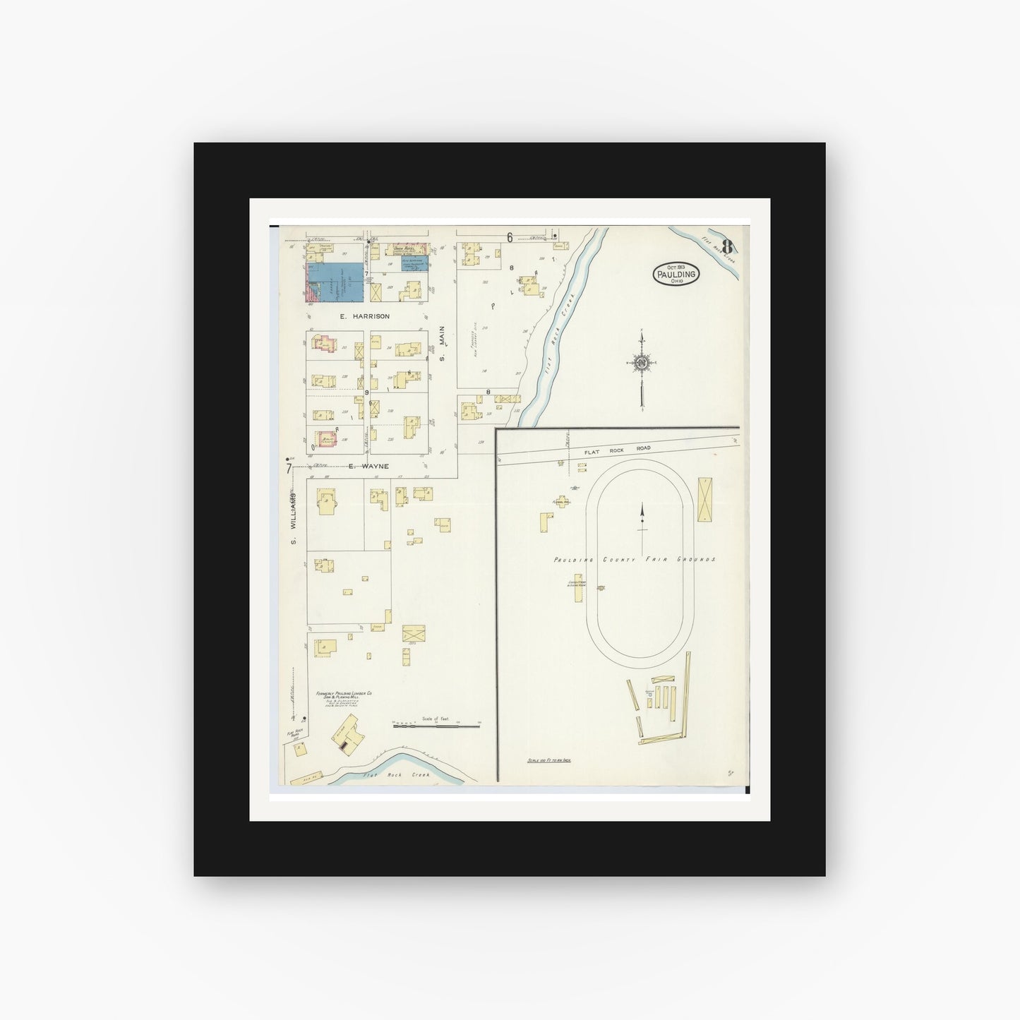 Old map wall art mockup — black gallery frame with white mat — Sanborn Fire Insurance Map from Paulding, Paulding County, Ohio (1913), Sheet #0008