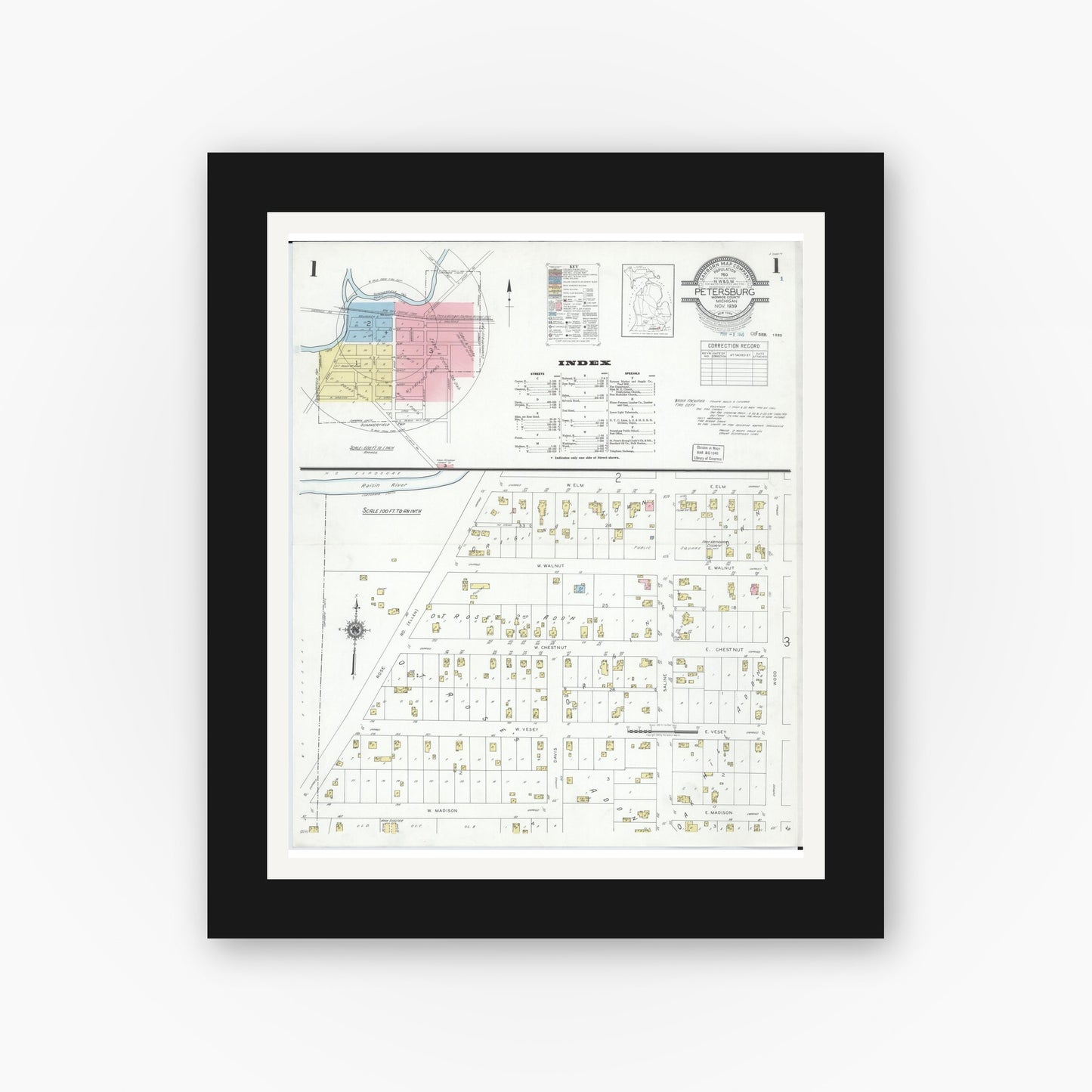 Old map wall art mockup — black gallery frame with white mat — Sanborn Fire Insurance Map from Petersburg, Monroe County, Michigan (1939), Sheet #0001