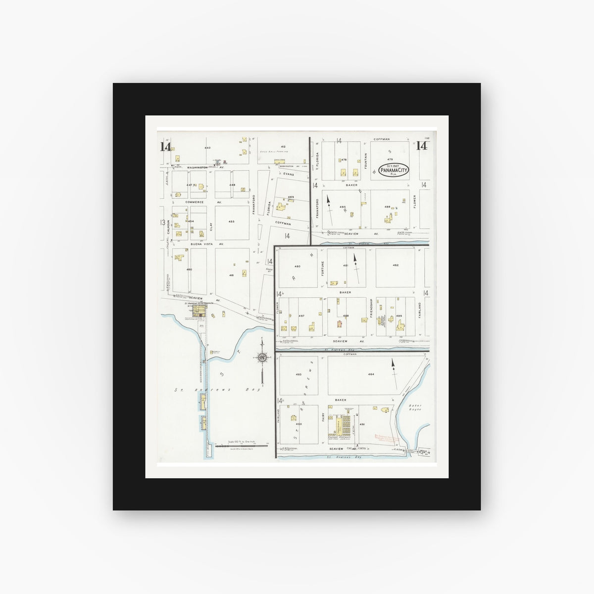 Old map wall art mockup — black gallery frame with white mat — Sanborn Fire Insurance Map from Panama City, Bay County, Florida (1927), Sheet #0014