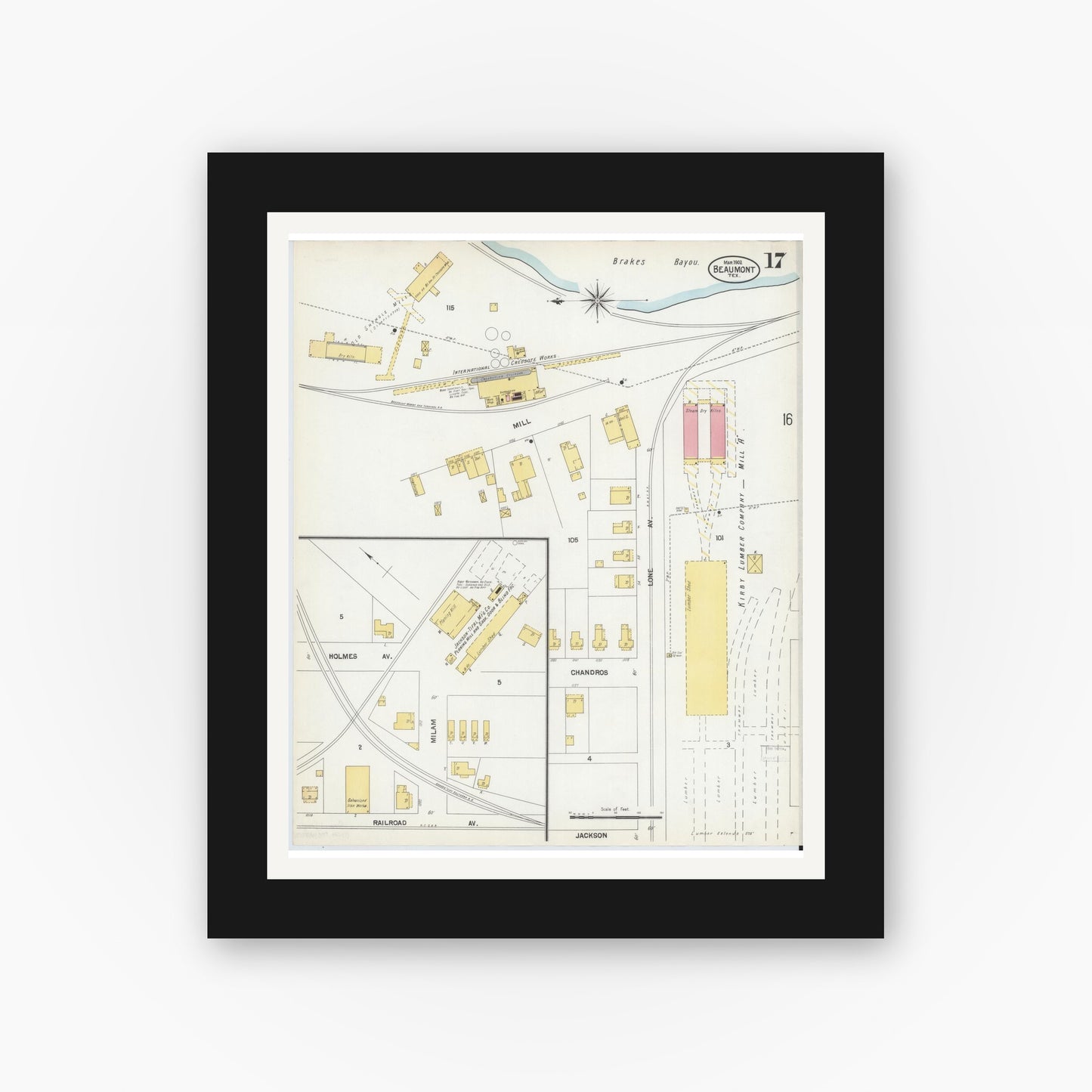 Old map wall art mockup — black gallery frame with white mat — Sanborn Fire Insurance Map from Beaumont, Jefferson County, Texas (1902), Sheet #0017