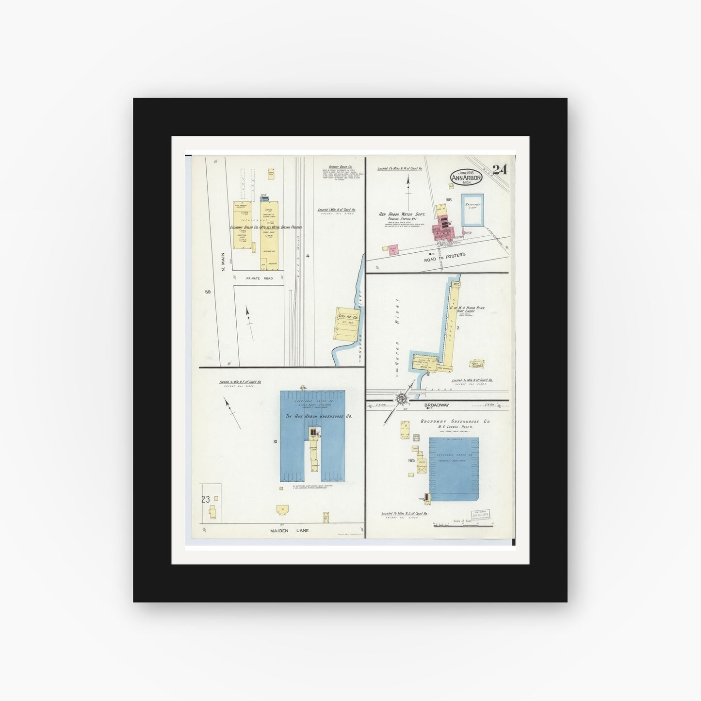 Old map wall art mockup — black gallery frame with white mat — Sanborn Fire Insurance Map from Ann Arbor, Washtenaw County, Michigan (1916), Sheet #0024