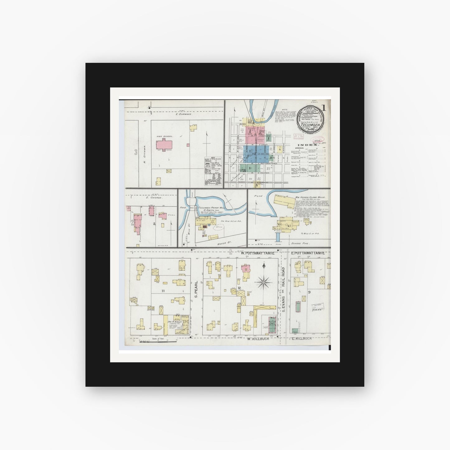 Old map wall art mockup — black gallery frame with white mat — Sanborn Fire Insurance Map from Tecumseh, Lenawee County, Michigan (1893) - Complete Map Set