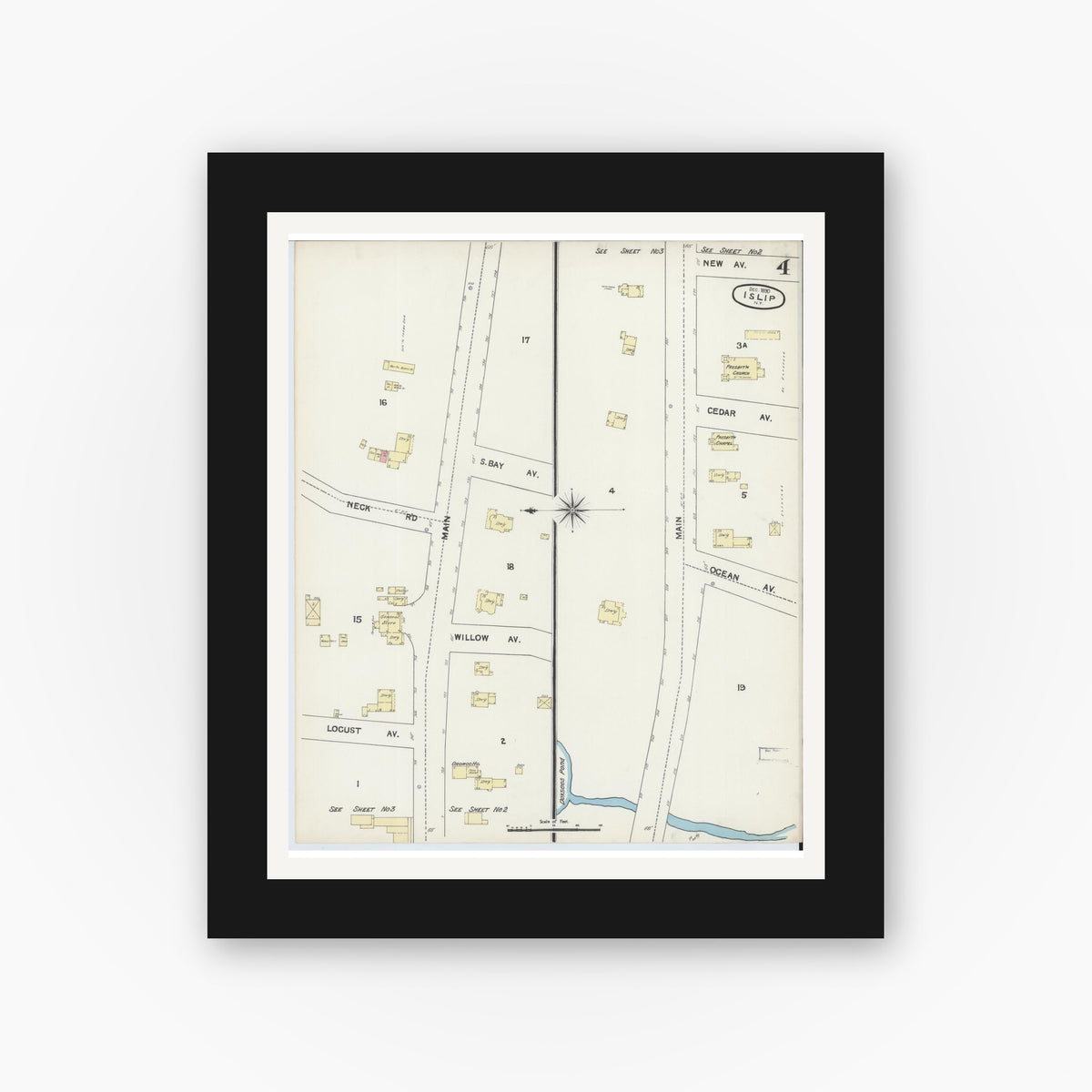 Old map wall art mockup — black gallery frame with white mat — Sanborn Fire Insurance Map from Islip, Suffolk County, New York (1890), Sheet #0004