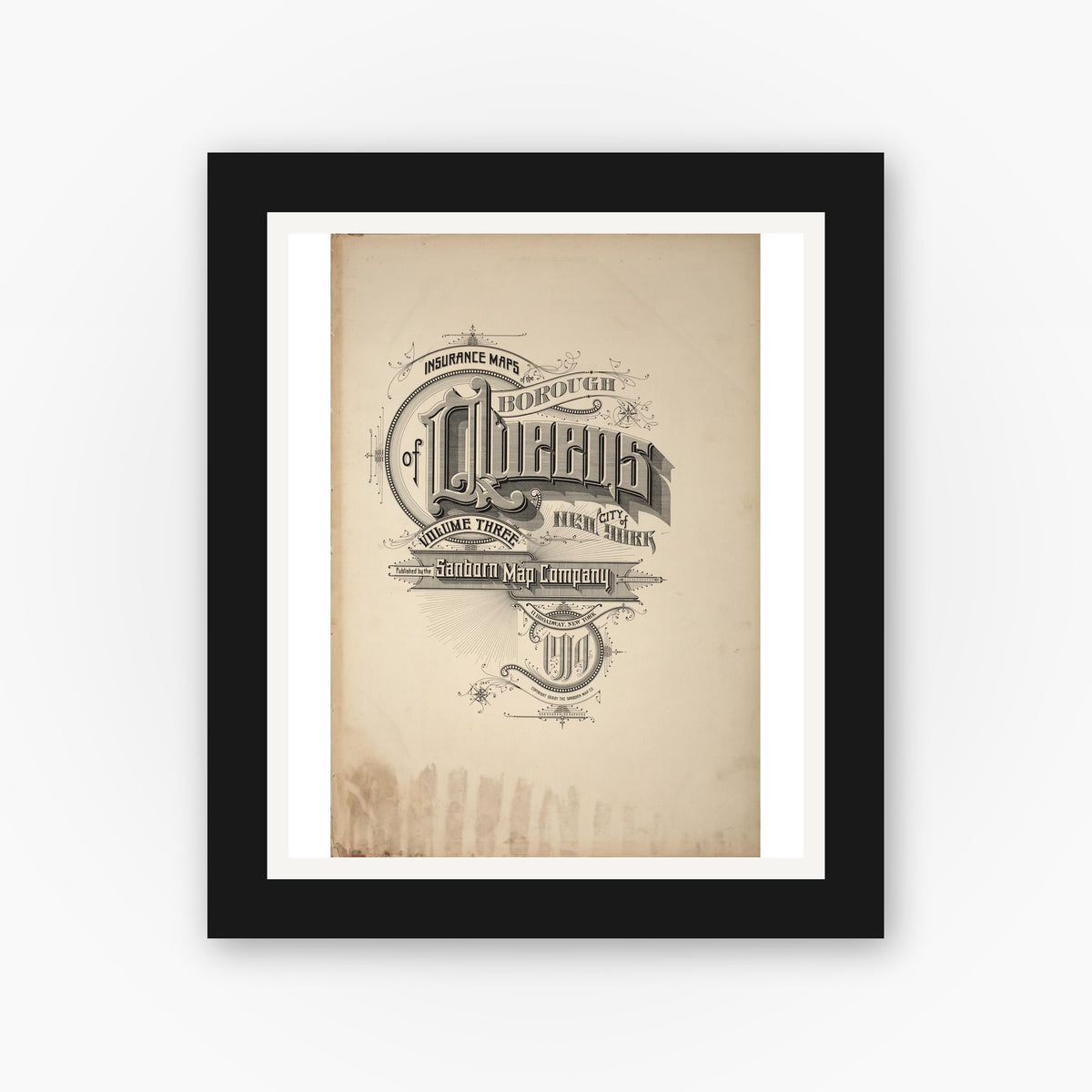 Old map wall art mockup — black gallery frame with white mat — Sanborn Fire Insurance Map from Queens, Queens County, New York (1914), Sheet #0001