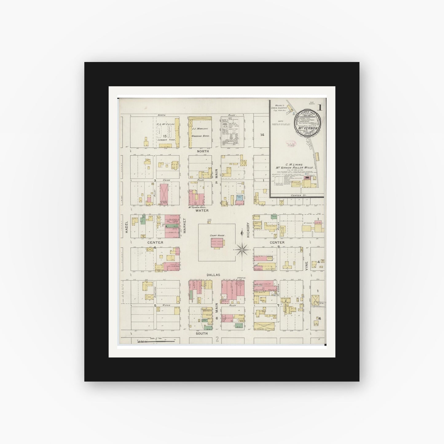 Old map wall art mockup — black gallery frame with white mat — Sanborn Fire Insurance Map from Mount Vernon, Lawrence County, Missouri (1894), Sheet #0001