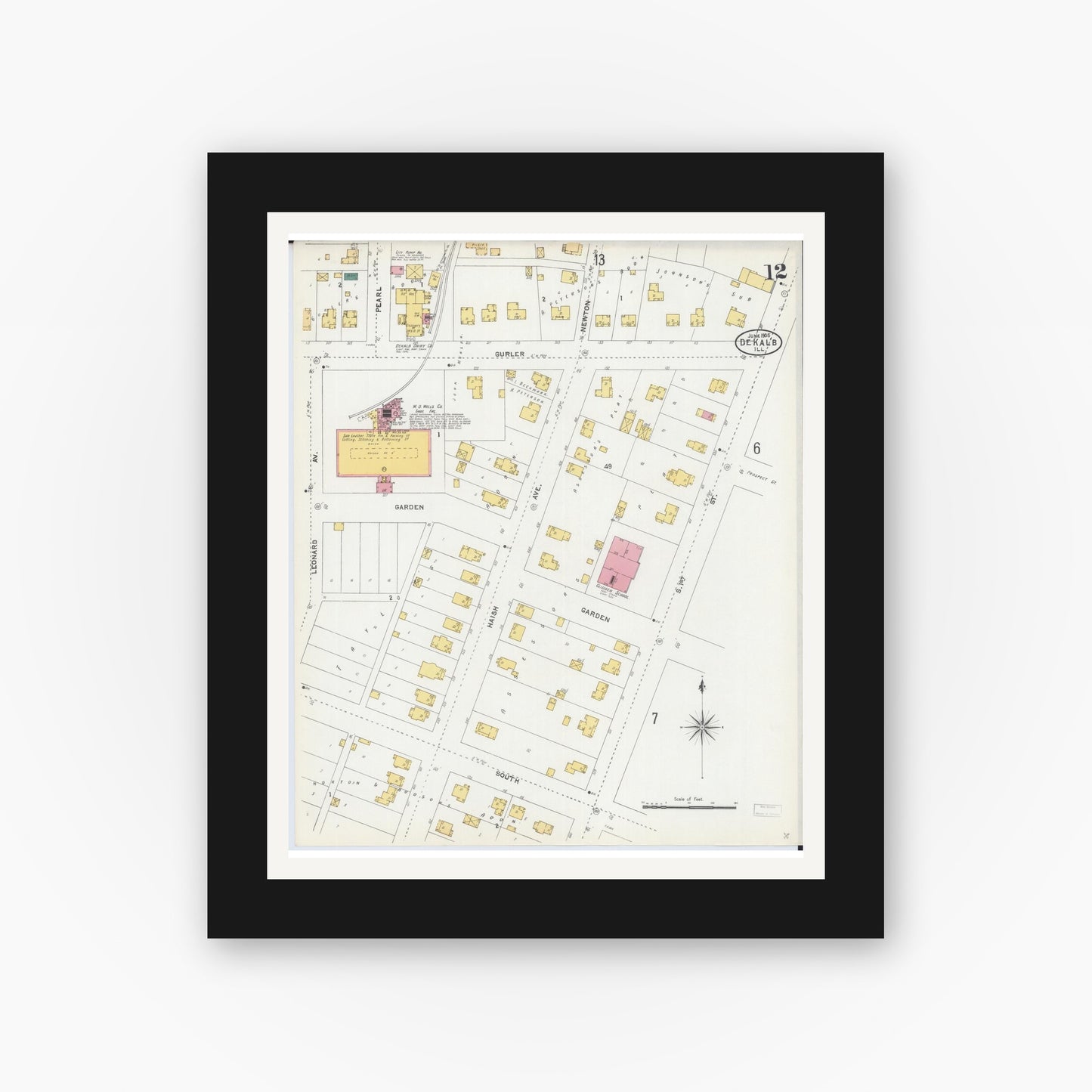 Old map wall art mockup — black gallery frame with white mat — Sanborn Fire Insurance Map from De Kalb, De Kalb County, Illinois (1905), Sheet #0012