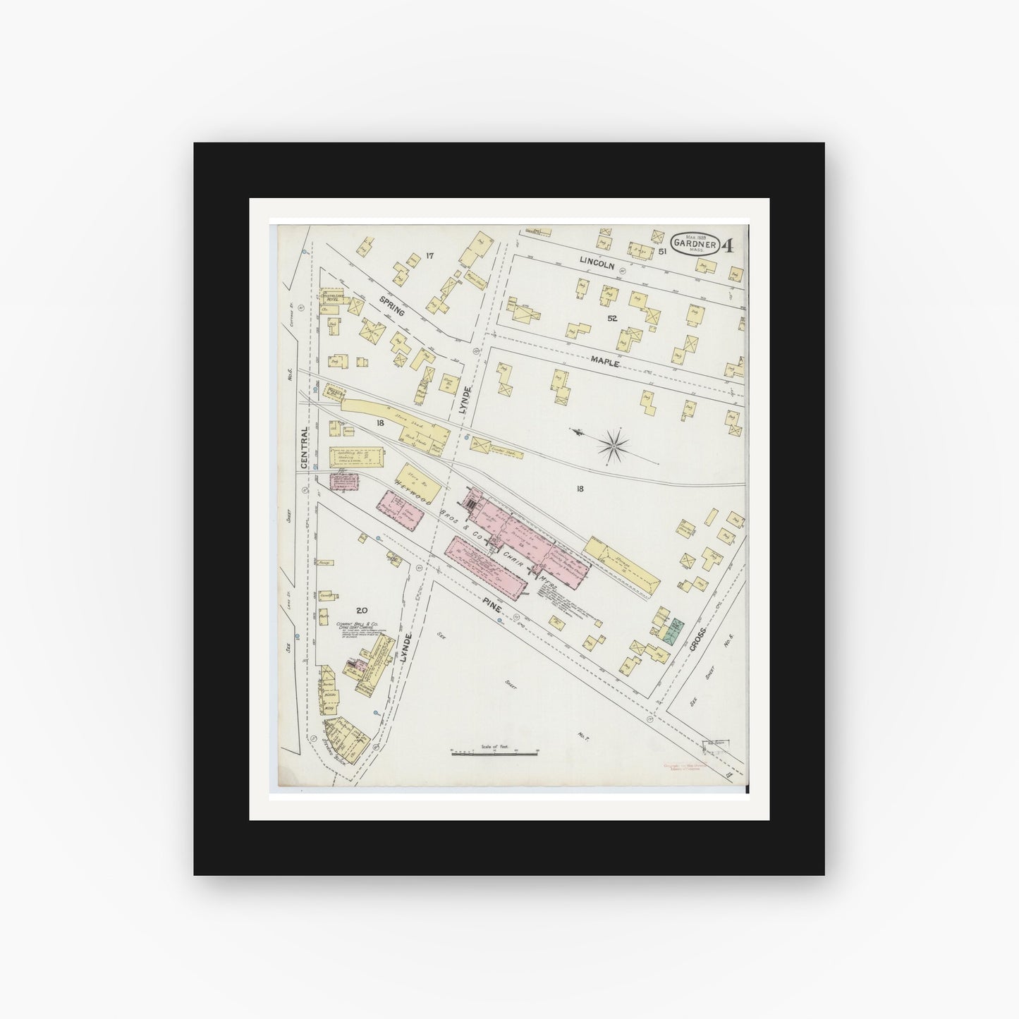 Old map wall art mockup — black gallery frame with white mat — Sanborn Fire Insurance Map from Gardner, Worcester County, Massachusetts (1889), Sheet #0004