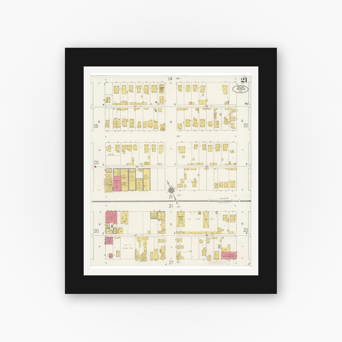 Old map wall art mockup — black gallery frame with white mat — Sanborn Fire Insurance Map from Merced, Merced County, California (1922), Sheet #0021