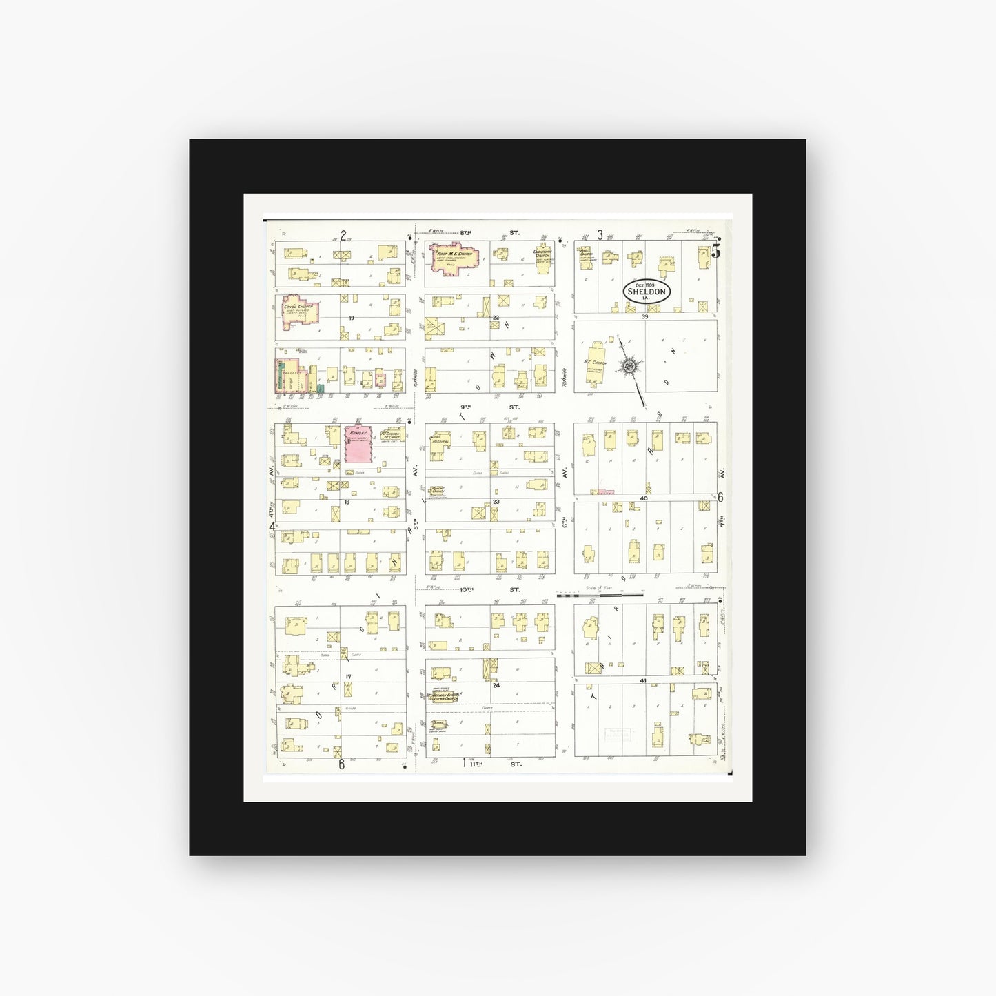 Old map wall art mockup — black gallery frame with white mat — Sanborn Fire Insurance Map from Sheldon, O'Brien County, Iowa (1909), Sheet #0005