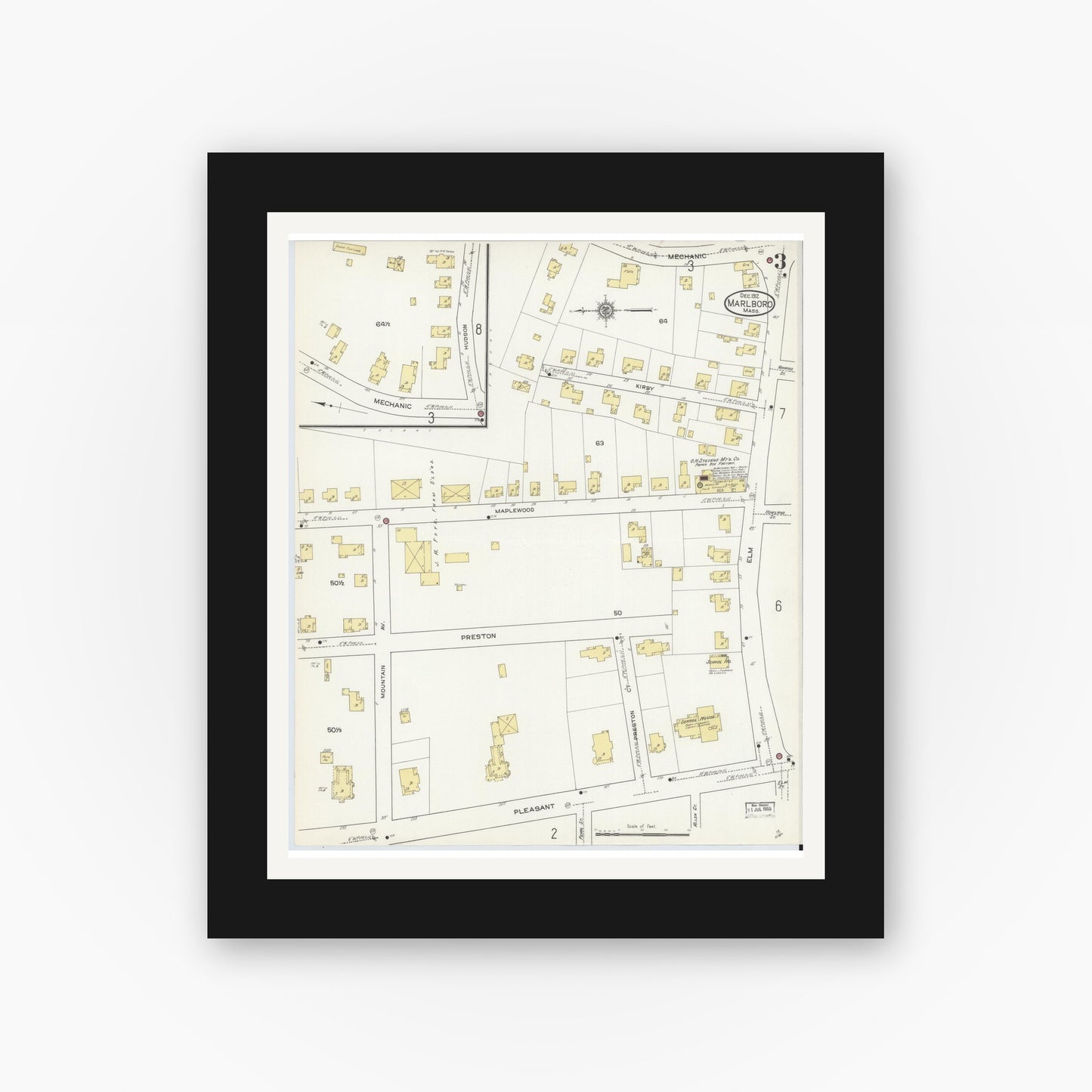 Old map wall art mockup — black gallery frame with white mat — Sanborn Fire Insurance Map from Marlborough, Middlesex County, Massachusetts (1912), Sheet #0003